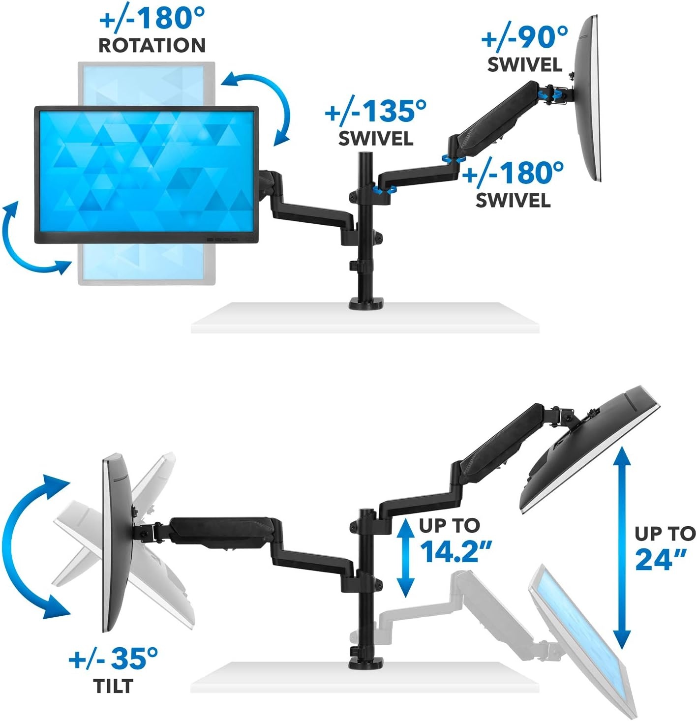 image:imageMountIt Dual Monitor Arm Desk Mount for 1732 Screens Gas Spring Adjustable Monitor Stand Vertical Stack or SidebySide Setup 176 lbs Each Arm VESA 75x75 100x100 Clamp amp Grommet Base MI4762