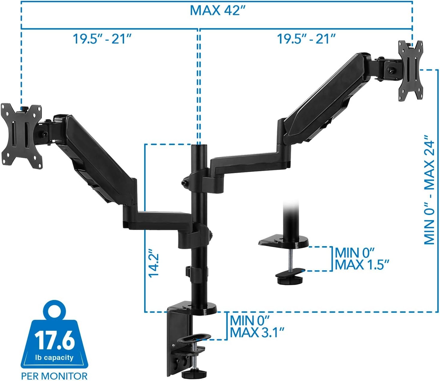 image:imageMountIt Dual Monitor Arm Desk Mount for 1732 Screens Gas Spring Adjustable Monitor Stand Vertical Stack or SidebySide Setup 176 lbs Each Arm VESA 75x75 100x100 Clamp amp Grommet Base MI4762