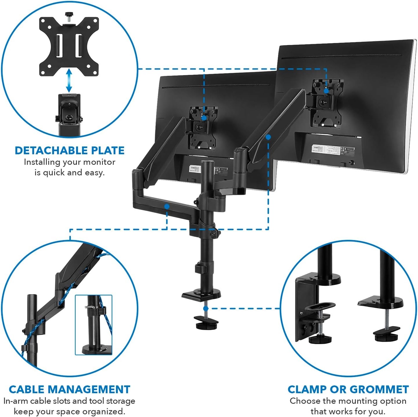 image:imageMountIt Dual Monitor Arm Desk Mount for 1732 Screens Gas Spring Adjustable Monitor Stand Vertical Stack or SidebySide Setup 176 lbs Each Arm VESA 75x75 100x100 Clamp amp Grommet Base MI4762