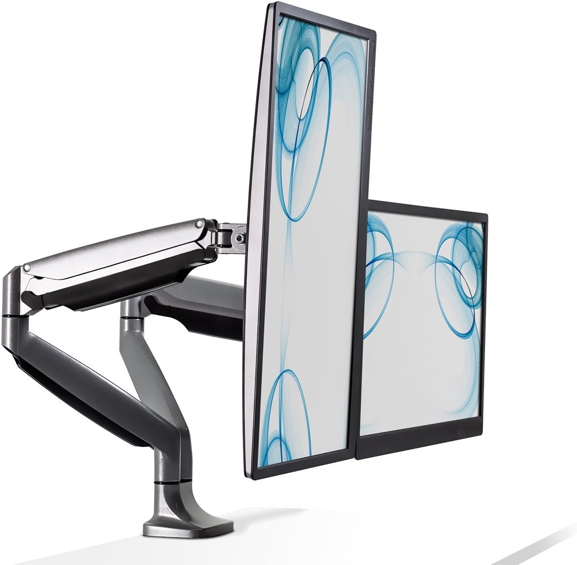 image:imageMountIt Dual Monitor Arm Mount Desk Stand Two Articulating Gas Spring Height Adjustable Arms Fits 2 x 24 27 29 30 32 Inch VESA 75 100 Compatible Screens CClamp and Grommet Bases BlackSilver