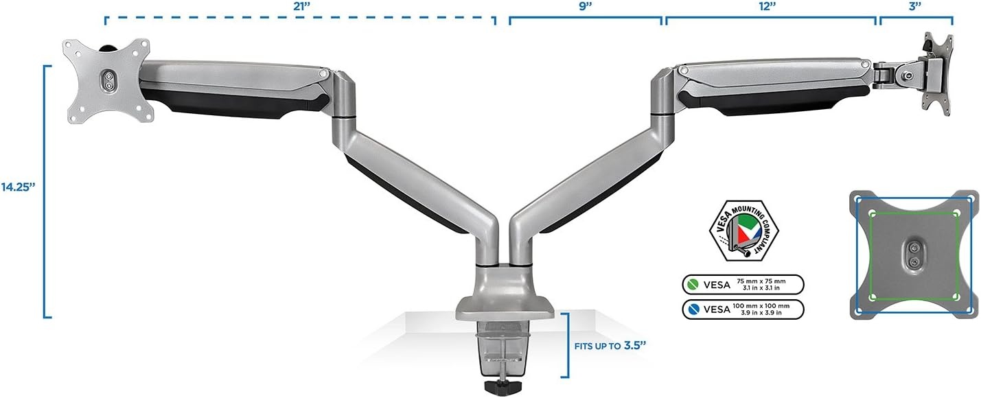 image:imageMountIt Dual Monitor Arm Mount Desk Stand Two Articulating Gas Spring Height Adjustable Arms Fits 2 x 24 27 29 30 32 Inch VESA 75 100 Compatible Screens CClamp and Grommet Bases BlackSilver