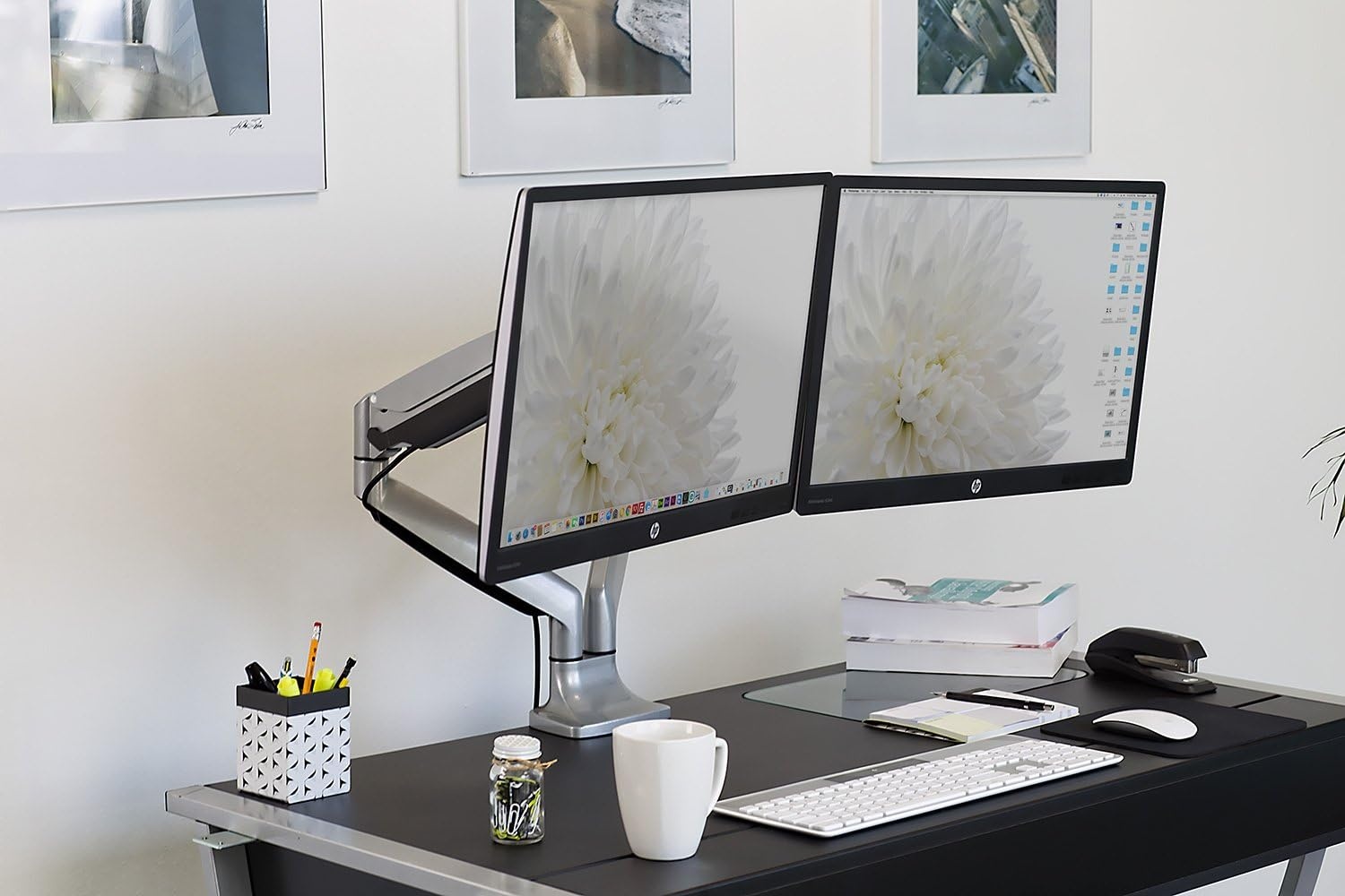 image:imageMountIt Dual Monitor Arm Mount Desk Stand Two Articulating Gas Spring Height Adjustable Arms Fits 2 x 24 27 29 30 32 Inch VESA 75 100 Compatible Screens CClamp and Grommet Bases BlackSilver