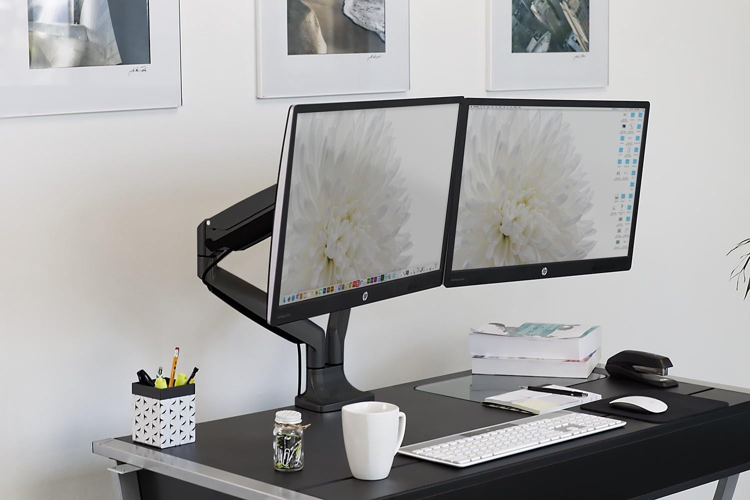 image:imageMountIt Dual Monitor Arm Mount Desk Stand Two Articulating Gas Spring Height Adjustable Arms Fits 2 x 24 27 29 30 32 Inch VESA 75 100 Compatible Screens CClamp and Grommet Bases BlackBlack