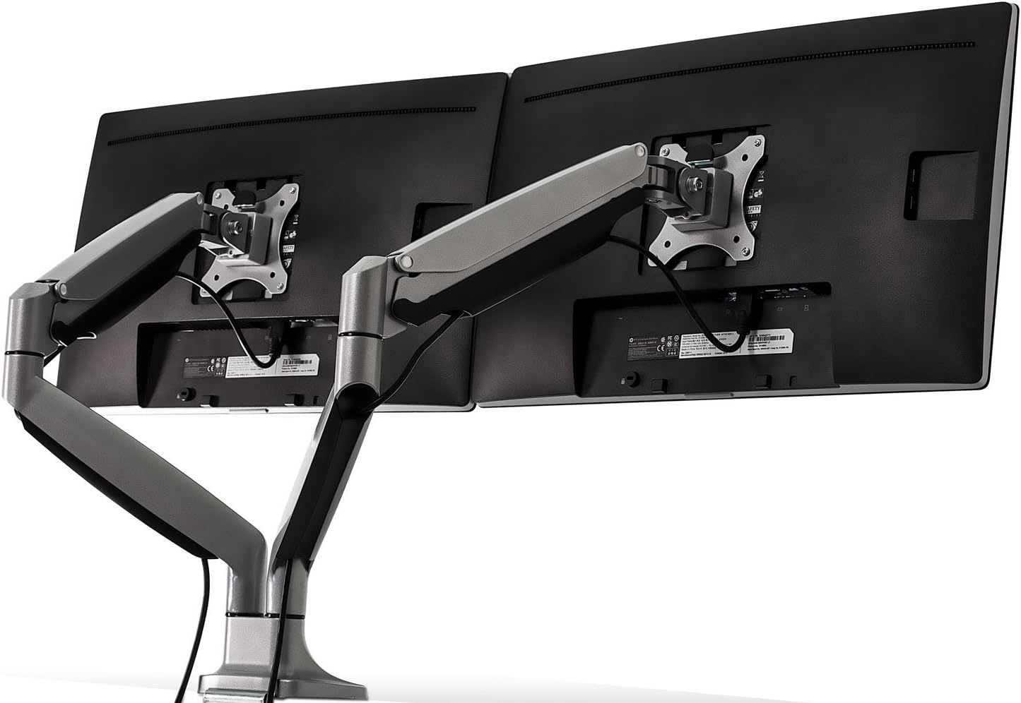 image:imageMountIt Dual Monitor Arm Mount Desk Stand Two Articulating Gas Spring Height Adjustable Arms Fits 2 x 24 27 29 30 32 Inch VESA 75 100 Compatible Screens CClamp and Grommet Bases BlackSilver