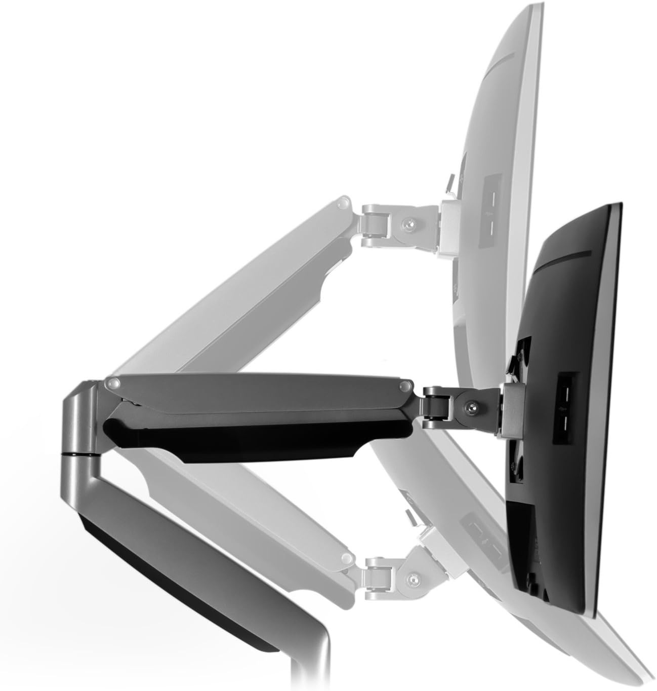 image:imageMountIt Dual Monitor Arm Mount Desk Stand Two Articulating Gas Spring Height Adjustable Arms Fits 2 x 24 27 29 30 32 Inch VESA 75 100 Compatible Screens CClamp and Grommet Bases BlackSilver