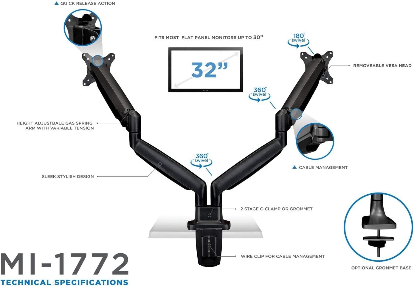 image:imageMountIt Dual Monitor Arm Mount Desk Stand Two Articulating Gas Spring Height Adjustable Arms Fits 2 x 24 27 29 30 32 Inch VESA 75 100 Compatible Screens CClamp and Grommet Bases BlackBlack