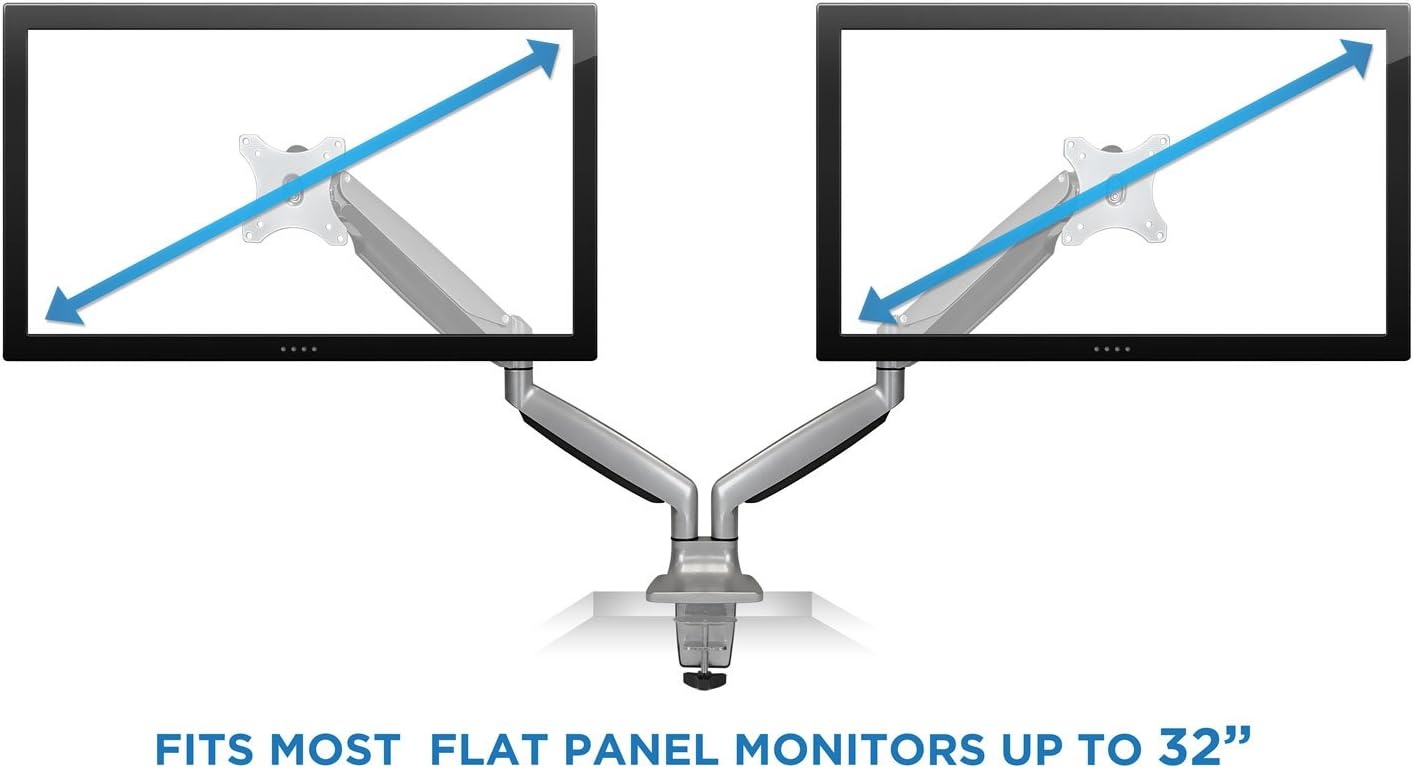 image:imageMountIt Dual Monitor Arm Mount Desk Stand Two Articulating Gas Spring Height Adjustable Arms Fits 2 x 24 27 29 30 32 Inch VESA 75 100 Compatible Screens CClamp and Grommet Bases BlackSilver