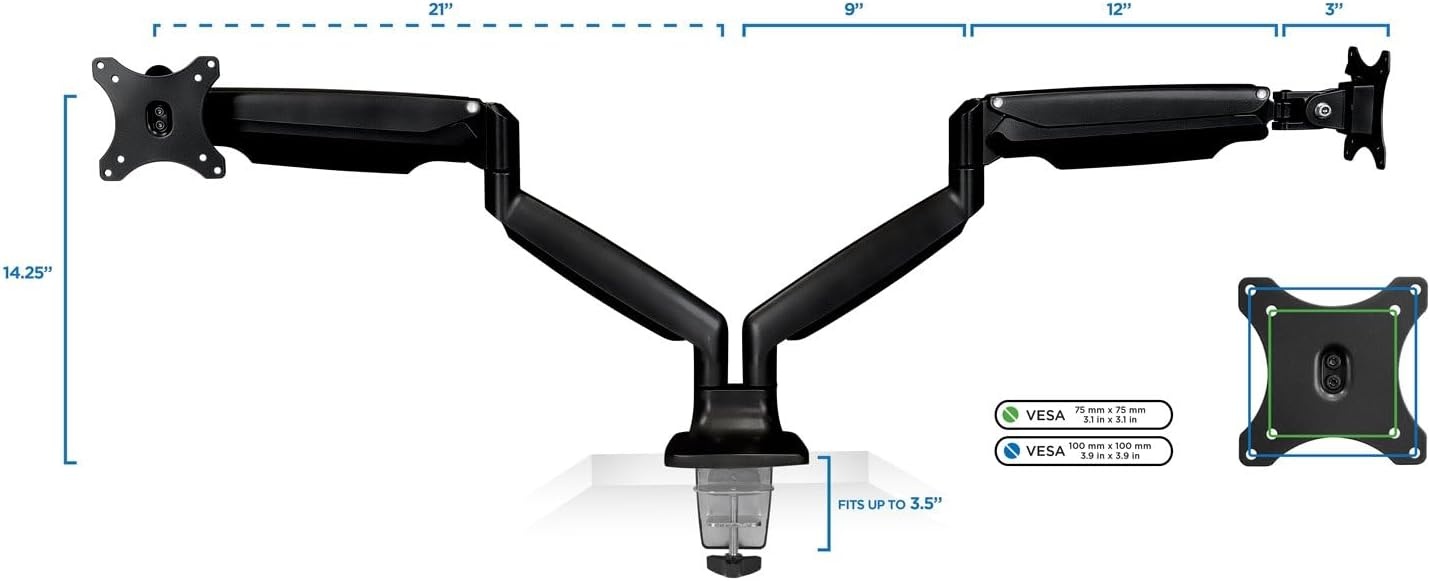 image:imageMountIt Dual Monitor Arm Mount Desk Stand Two Articulating Gas Spring Height Adjustable Arms Fits 2 x 24 27 29 30 32 Inch VESA 75 100 Compatible Screens CClamp and Grommet Bases BlackBlack