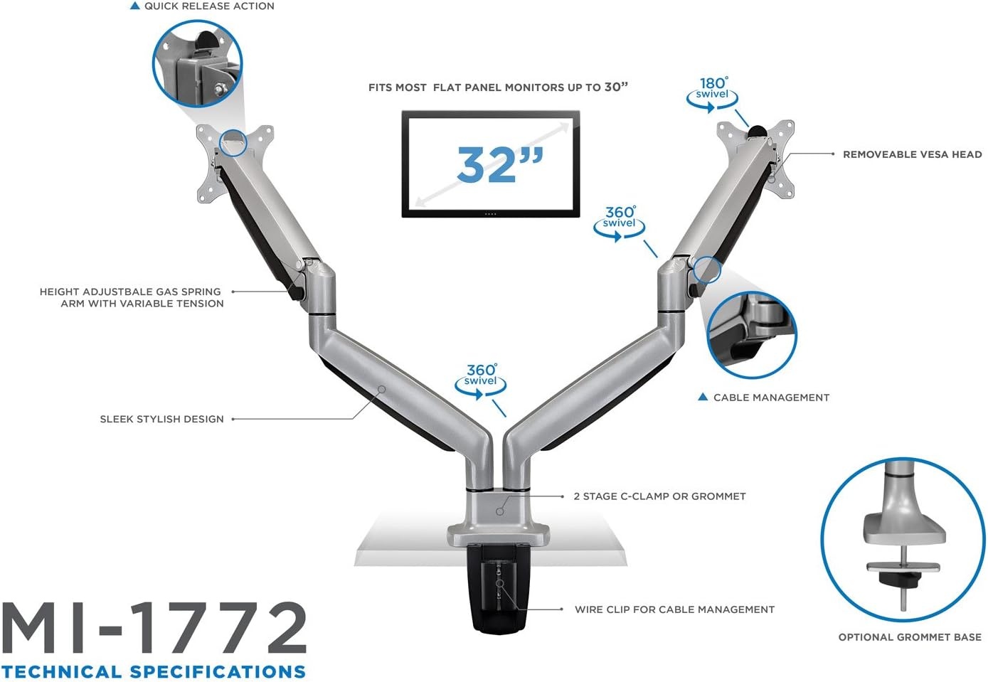 image:imageMountIt Dual Monitor Arm Mount Desk Stand Two Articulating Gas Spring Height Adjustable Arms Fits 2 x 24 27 29 30 32 Inch VESA 75 100 Compatible Screens CClamp and Grommet Bases BlackSilver