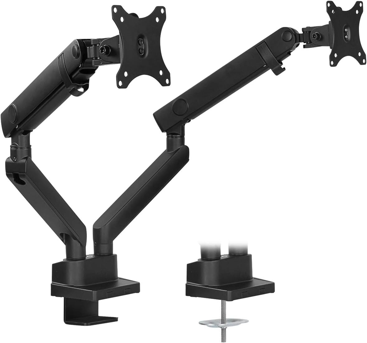 image:imageMountIt Dual Monitor Arm Mount Desk Stand Premium Quality Articulating Mechanical Spring Height Adjustable Fits Two 24 27 29 30 32 Inch VESA 75 100 Compatible Screens CClamp and Grommet