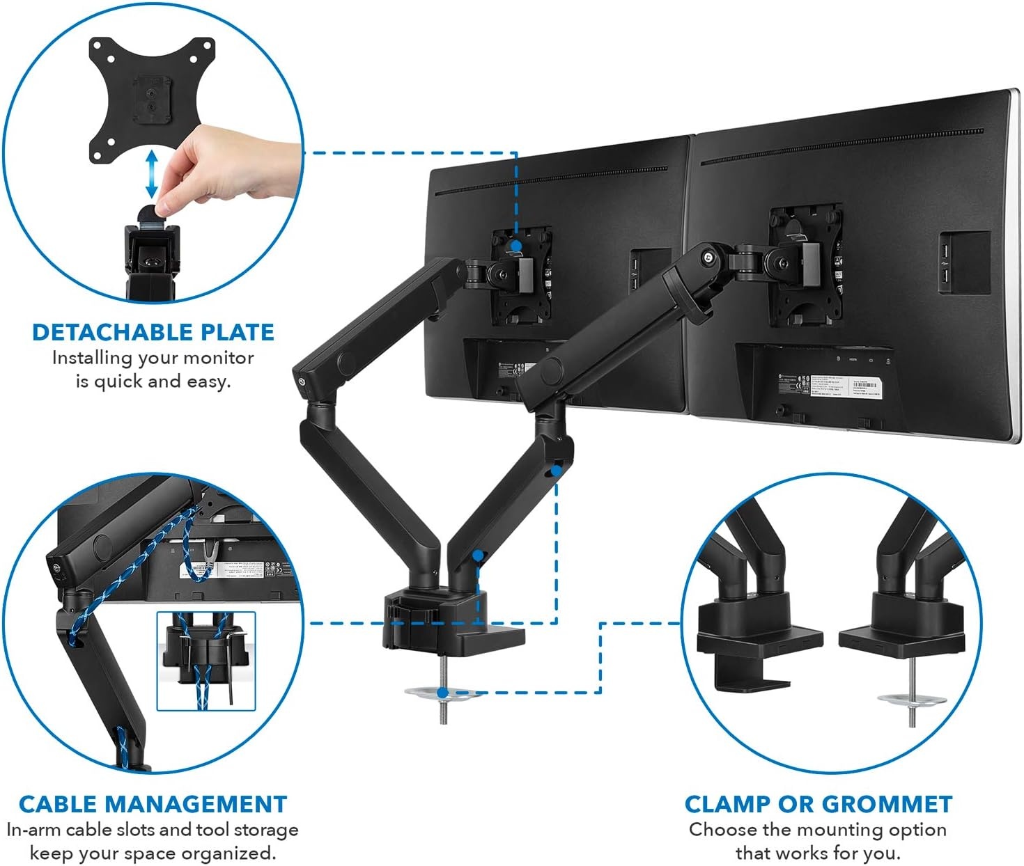 image:imageMountIt Dual Monitor Arm Mount Desk Stand Premium Quality Articulating Mechanical Spring Height Adjustable Fits Two 24 27 29 30 32 Inch VESA 75 100 Compatible Screens CClamp and Grommet