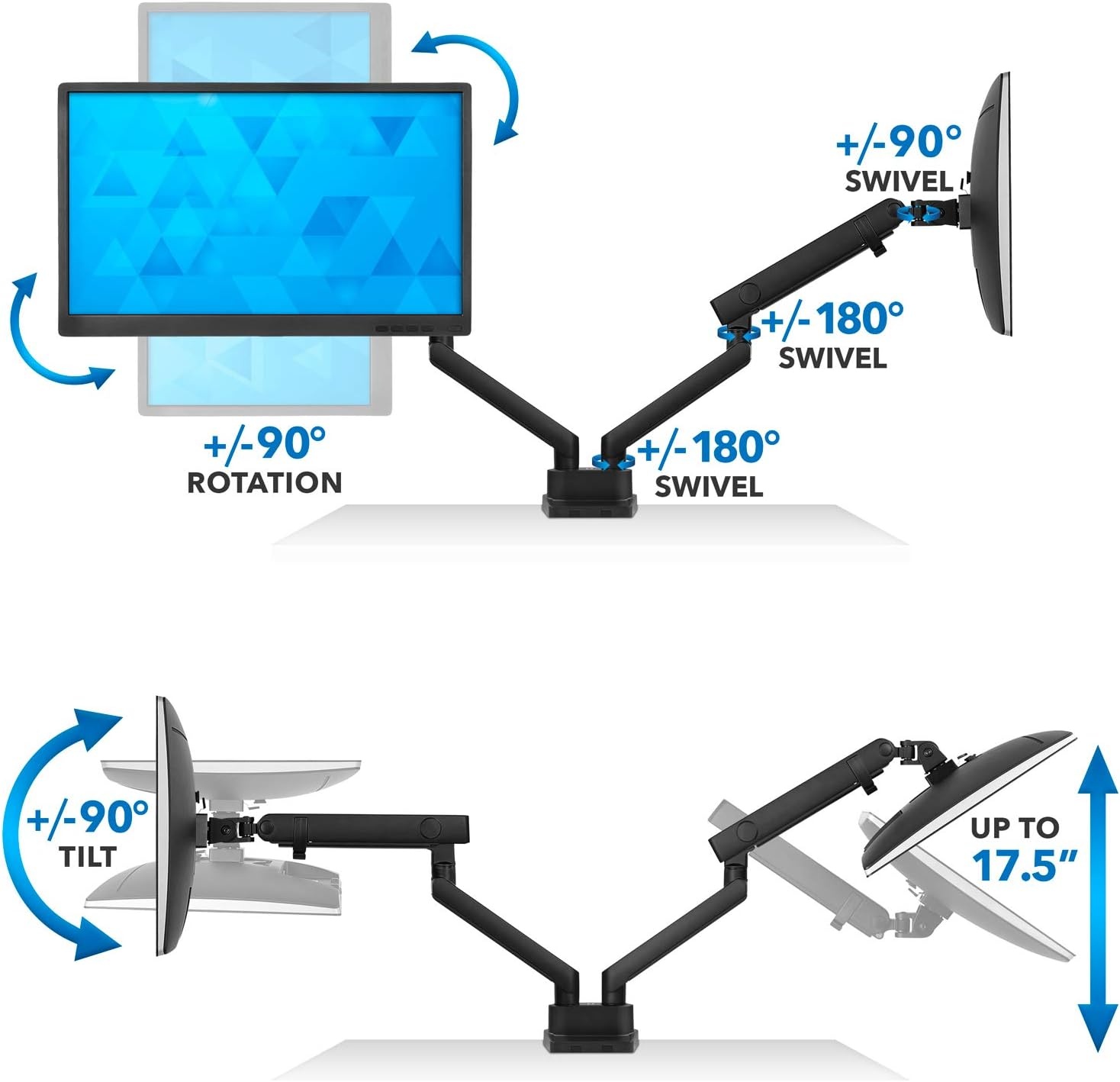 image:imageMountIt Dual Monitor Arm Mount Desk Stand Premium Quality Articulating Mechanical Spring Height Adjustable Fits Two 24 27 29 30 32 Inch VESA 75 100 Compatible Screens CClamp and Grommet