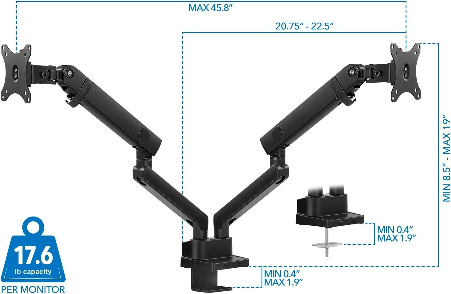 image:imageMountIt Dual Monitor Arm Mount Desk Stand Premium Quality Articulating Mechanical Spring Height Adjustable Fits Two 24 27 29 30 32 Inch VESA 75 100 Compatible Screens CClamp and Grommet