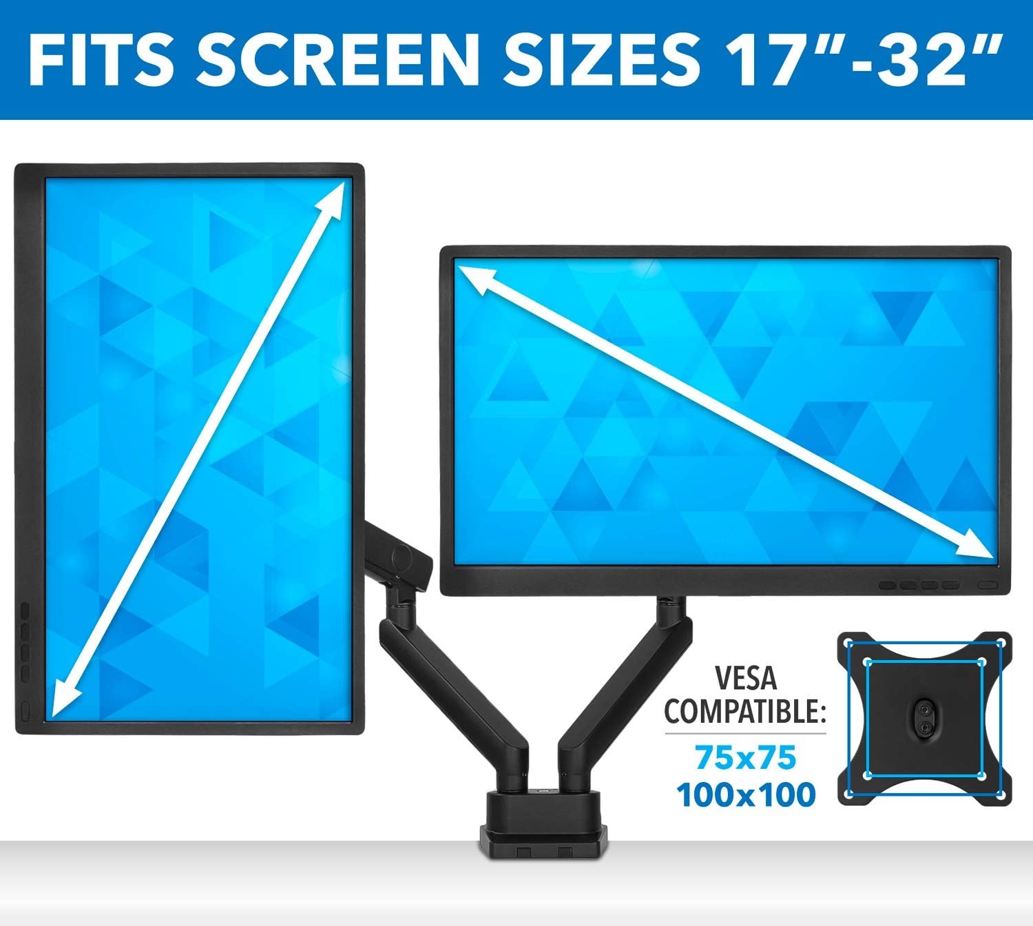 image:imageMountIt Dual Monitor Arm Mount Desk Stand Premium Quality Articulating Mechanical Spring Height Adjustable Fits Two 24 27 29 30 32 Inch VESA 75 100 Compatible Screens CClamp and Grommet