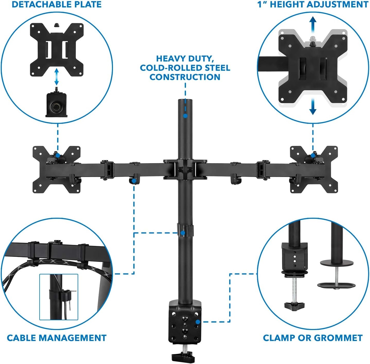 image:imageMountIt Dual Monitor Desk Mount Full Motion Arms Fit 1732 Inch Screens up to 198 lbs Each Height Adjustable Tilt Swivel Rotate VESA 75x75 100x100 CClamp and Grommet Base