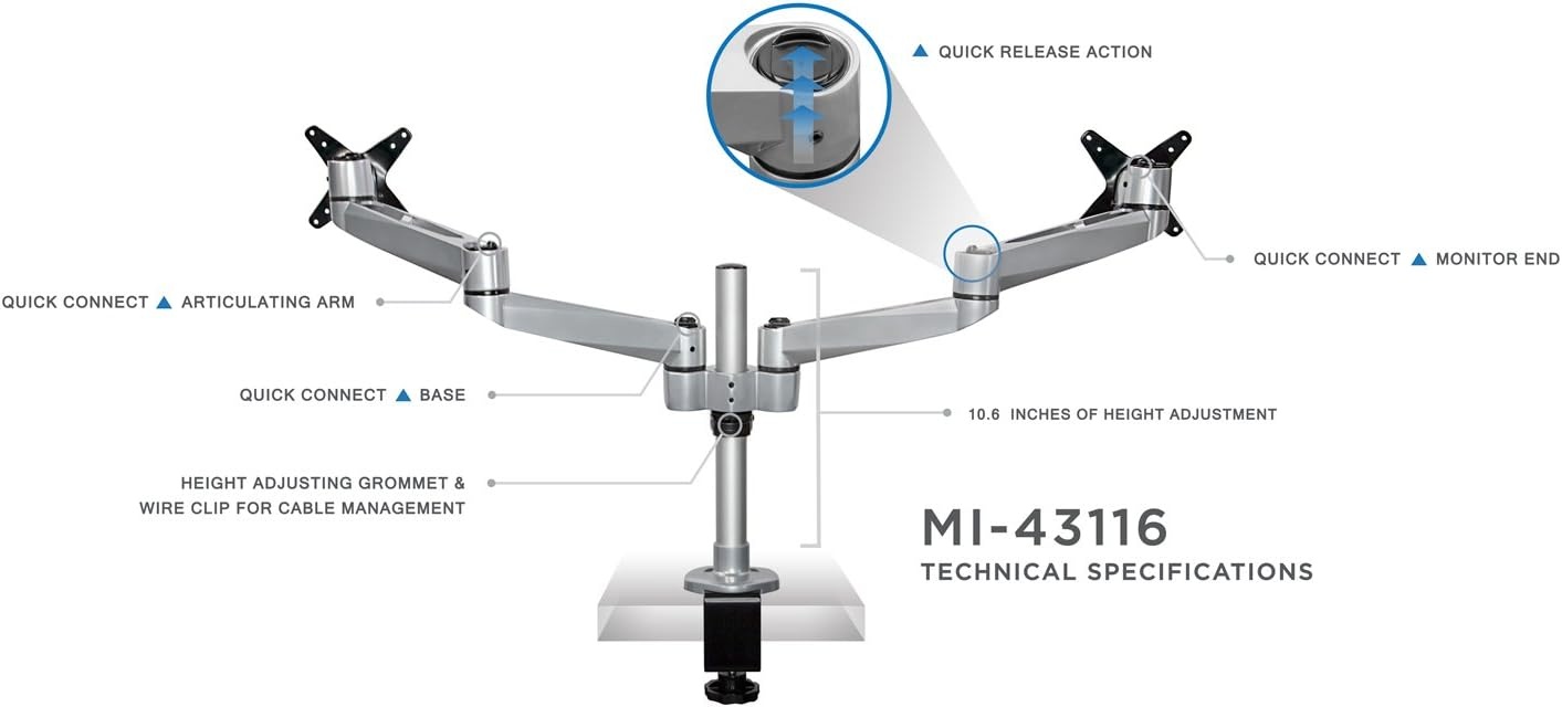 image:imageMountIt Dual Monitor Desk Mount with Full Motion Swivel Arms Premium Aluminum Material with Modular Quick Connect Function MI43116