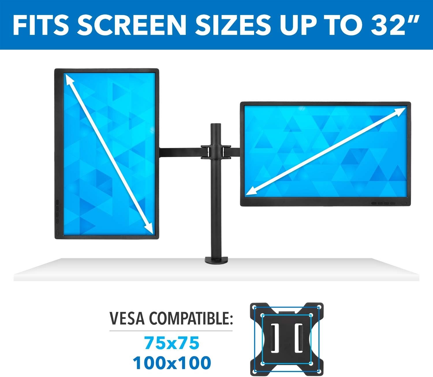 image:imageMountIt Dual Monitor Mount Double Monitor Desk Stand Interchangeable CClamp and Grommet Base Two Heavy Duty Height Adjustable Arms Fit 2 Computer Screens 19 215 24 27 32 Inches VESA 75 100