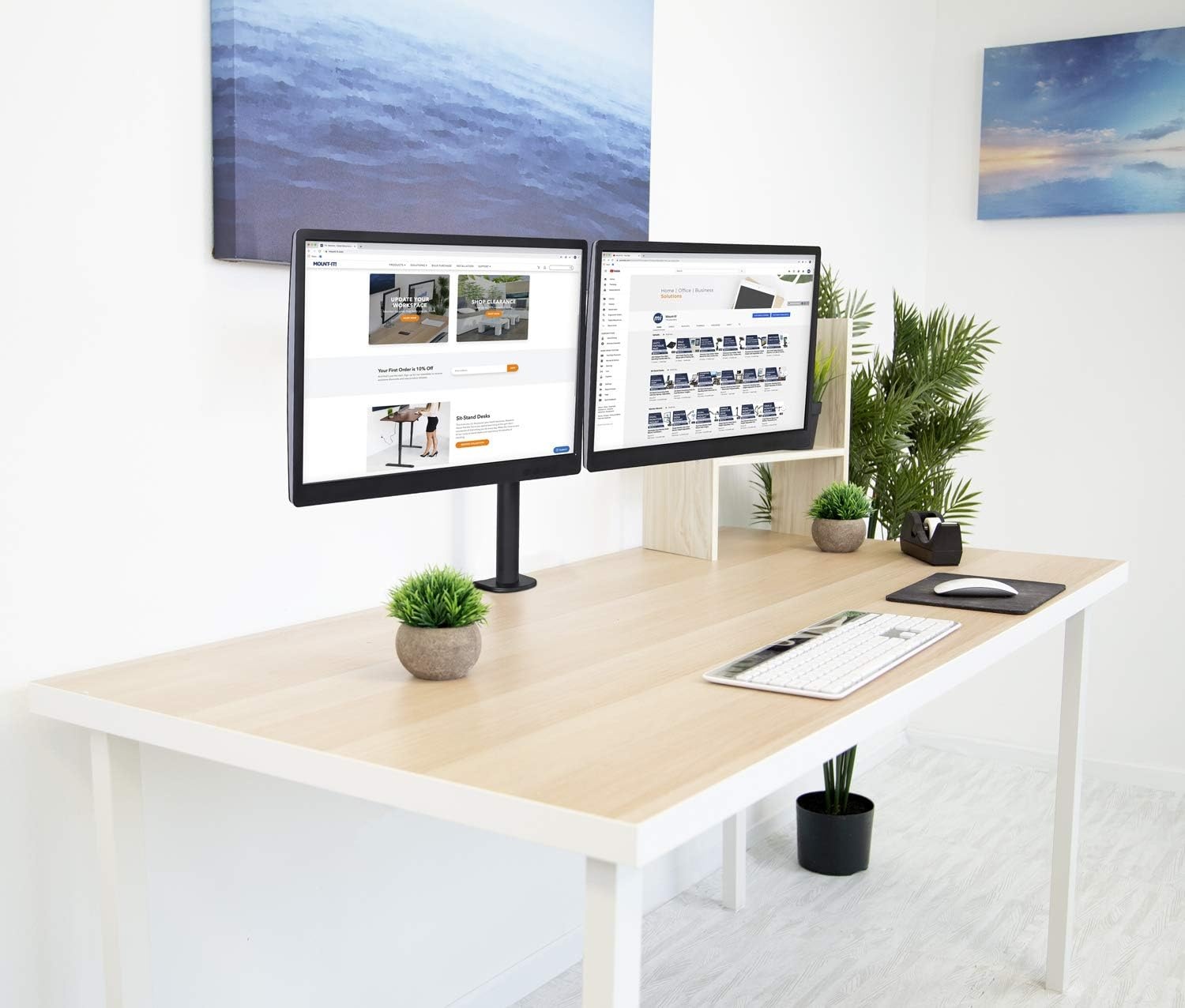 image:imageMountIt Dual Monitor Mount Double Monitor Desk Stand Interchangeable CClamp and Grommet Base Two Heavy Duty Height Adjustable Arms Fit 2 Computer Screens 19 215 24 27 32 Inches VESA 75 100