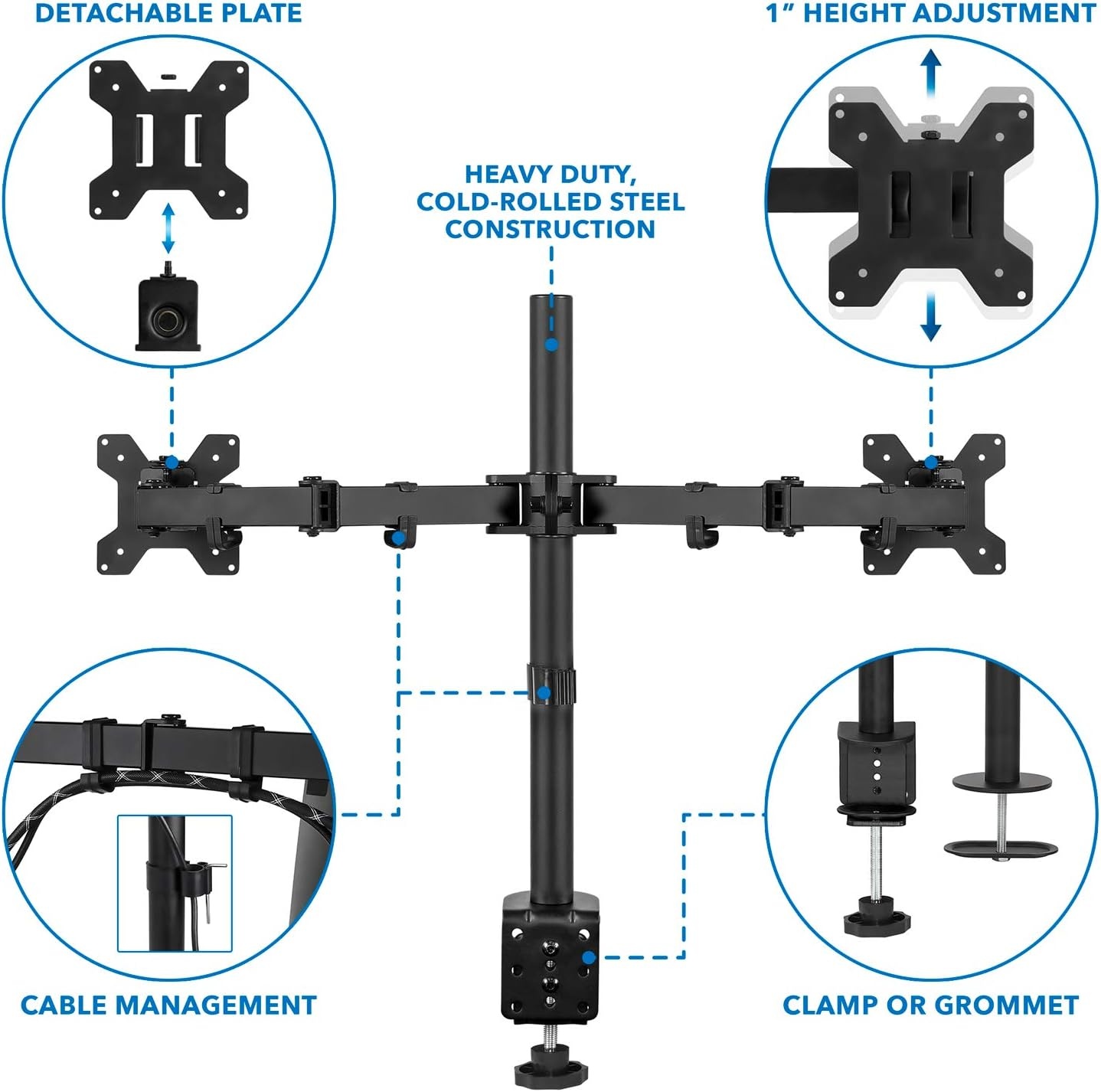 image:imageMountIt Dual Monitor Mount Double Monitor Desk Stand Interchangeable CClamp and Grommet Base Two Heavy Duty Height Adjustable Arms Fit 2 Computer Screens 19 215 24 27 32 Inches VESA 75 100