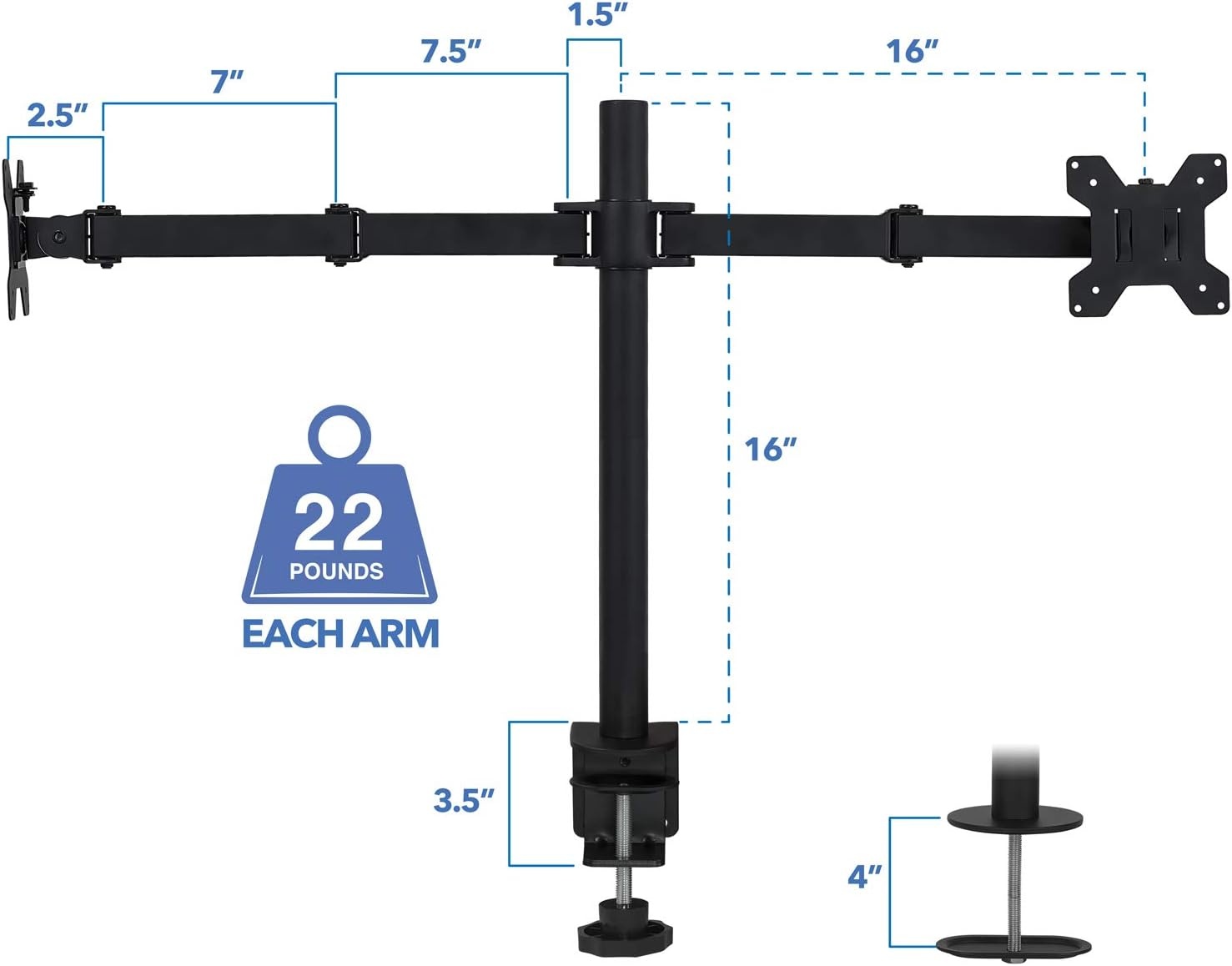 image:imageMountIt Dual Monitor Mount Double Monitor Desk Stand Interchangeable CClamp and Grommet Base Two Heavy Duty Height Adjustable Arms Fit 2 Computer Screens 19 215 24 27 32 Inches VESA 75 100