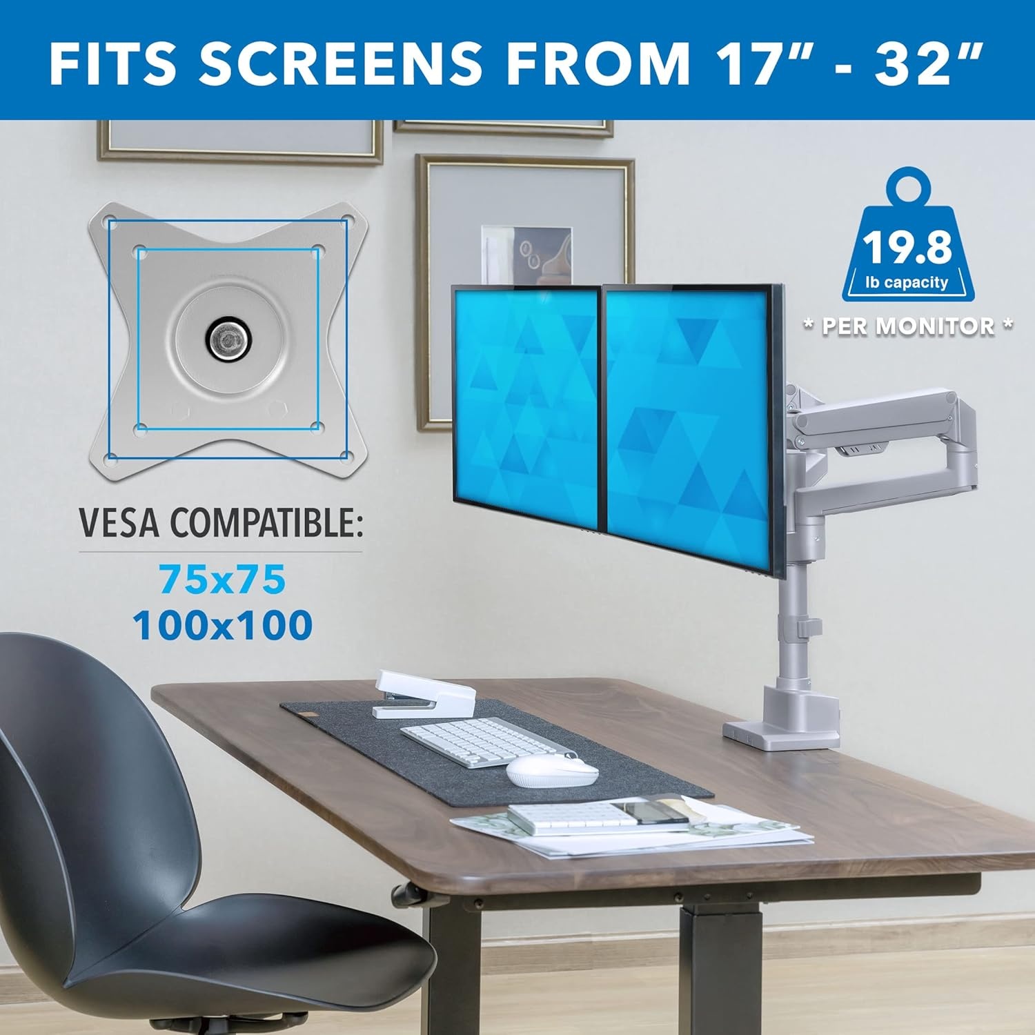 image:imageMountIt Dual Monitor Mount Monitor Stands for 2 Monitors Computer Arms on Desk Stand Gas Spring Height Adjustable Desk Mount in Silver VESA 75 100 Fits Screens Up to 32 Silver Color