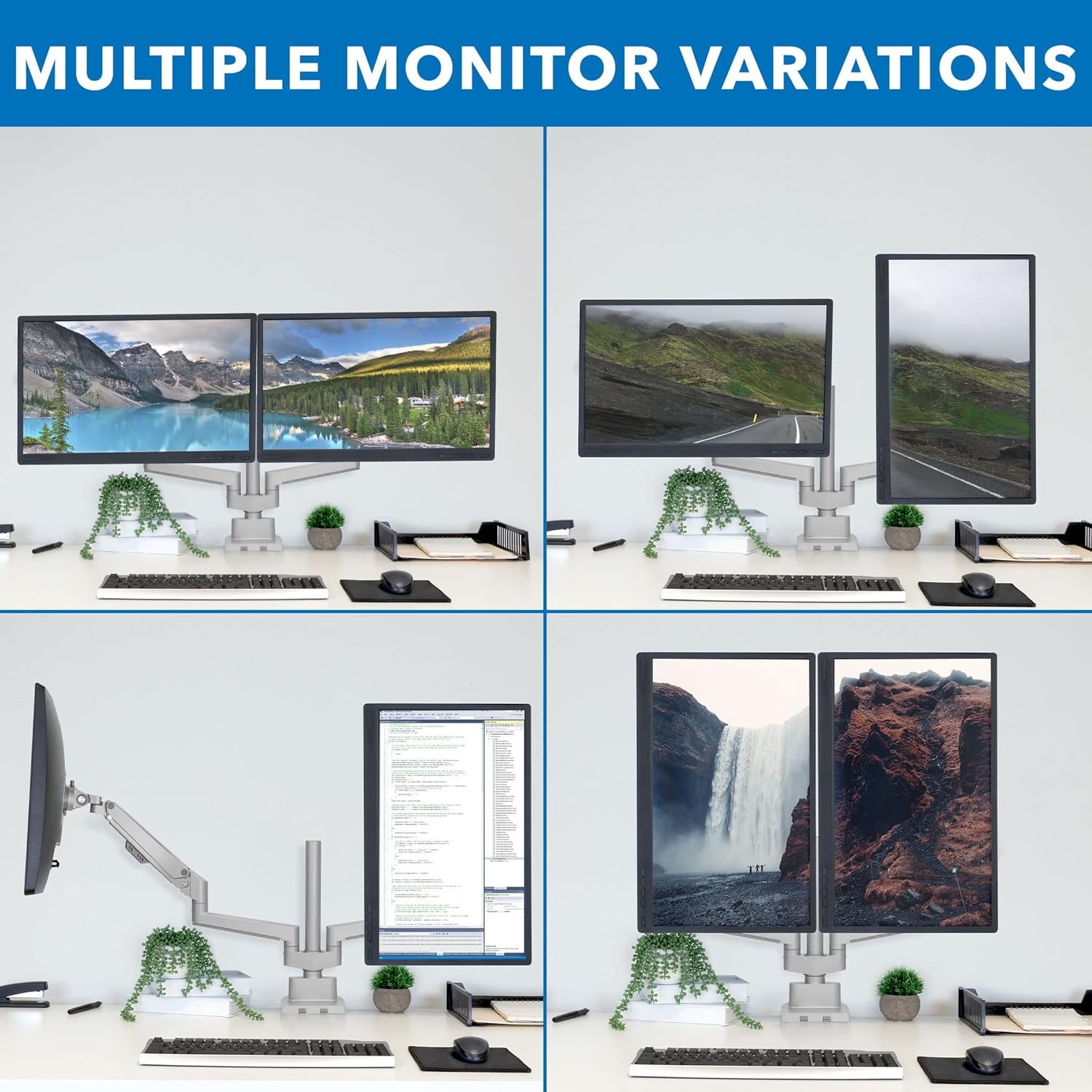 image:imageMountIt Dual Monitor Mount Monitor Stands for 2 Monitors Computer Arms on Desk Stand Gas Spring Height Adjustable Desk Mount in Silver VESA 75 100 Fits Screens Up to 32 Silver Color