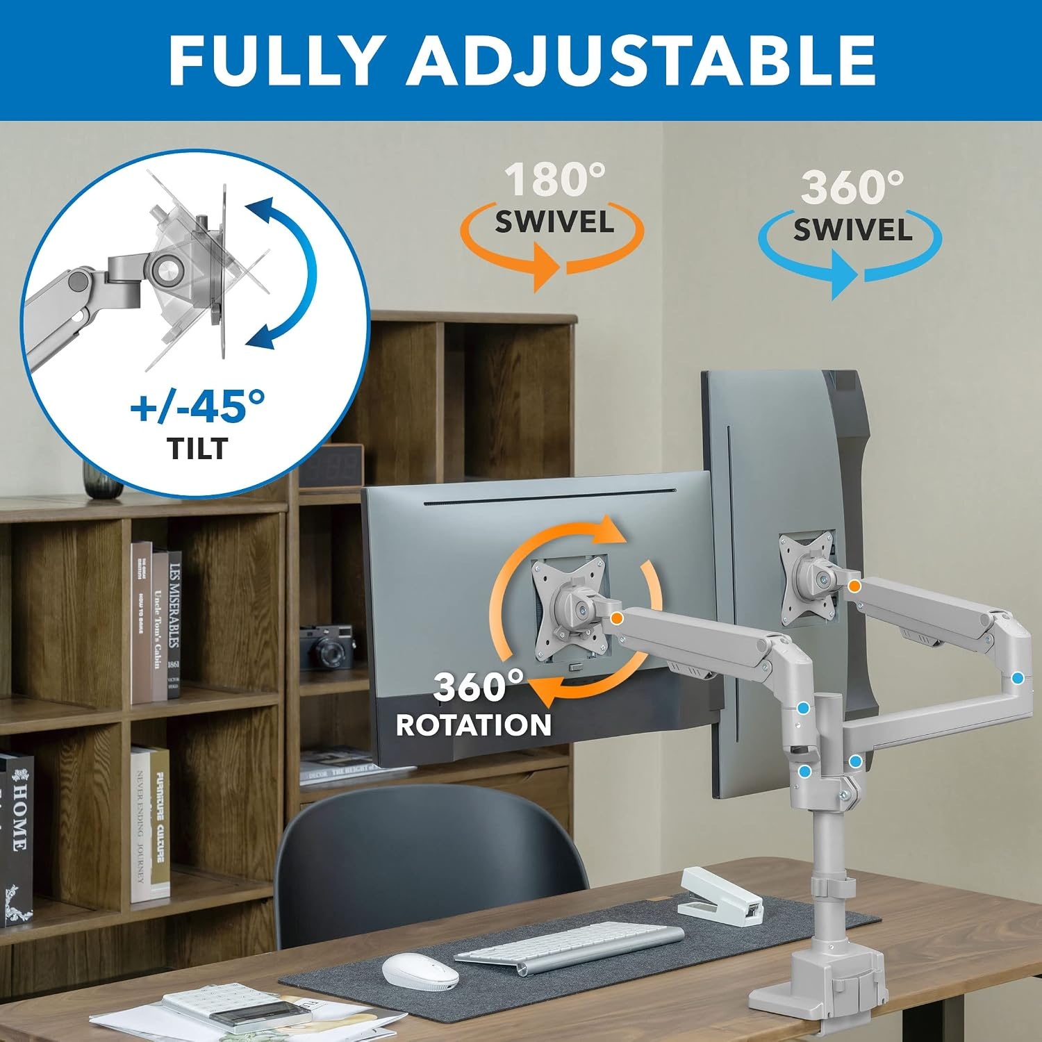 image:imageMountIt Dual Monitor Mount Monitor Stands for 2 Monitors Computer Arms on Desk Stand Gas Spring Height Adjustable Desk Mount in Silver VESA 75 100 Fits Screens Up to 32 Silver Color