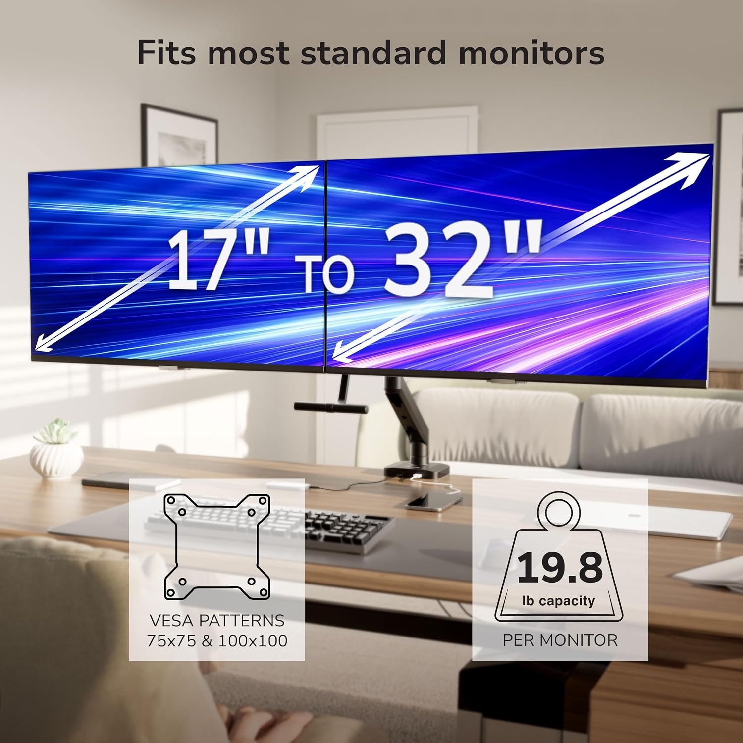 image:imageMountIt Dual Monitor Mount with Crossbar Gas Spring Desk Mount for 2 Monitors 1732 Holds 198 lbs Each Full Motion Tilt Swivel Rotate VESA 75x75 100x100 USB 30 amp USBC Clamp or Grommet