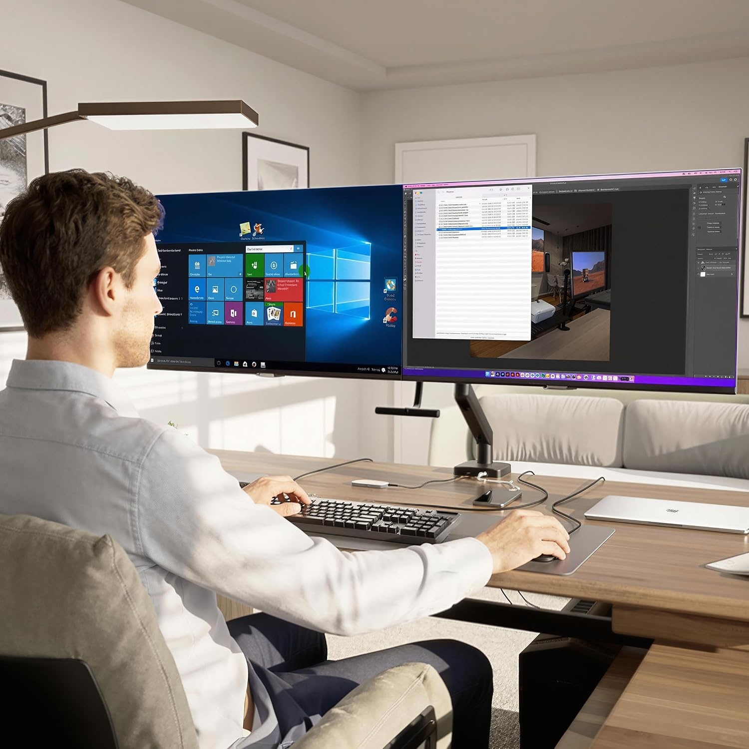image:imageMountIt Dual Monitor Mount with Crossbar Gas Spring Desk Mount for 2 Monitors 1732 Holds 198 lbs Each Full Motion Tilt Swivel Rotate VESA 75x75 100x100 USB 30 amp USBC Clamp or Grommet