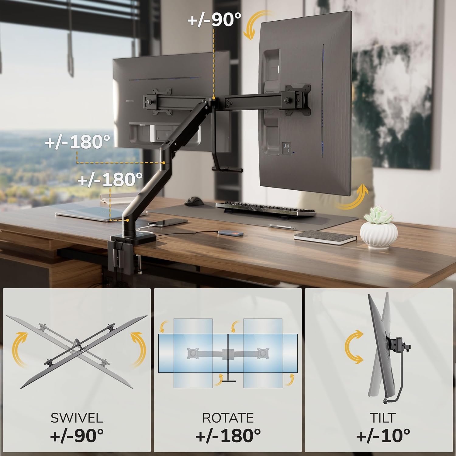 image:imageMountIt Dual Monitor Mount with Crossbar Gas Spring Desk Mount for 2 Monitors 1732 Holds 198 lbs Each Full Motion Tilt Swivel Rotate VESA 75x75 100x100 USB 30 amp USBC Clamp or Grommet