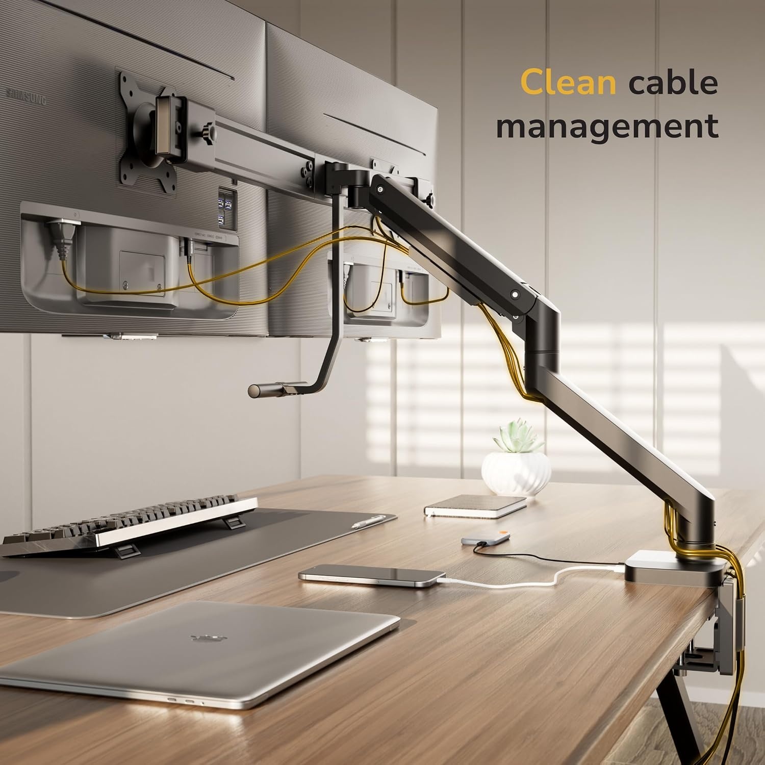 image:imageMountIt Dual Monitor Mount with Crossbar Gas Spring Desk Mount for 2 Monitors 1732 Holds 198 lbs Each Full Motion Tilt Swivel Rotate VESA 75x75 100x100 USB 30 amp USBC Clamp or Grommet