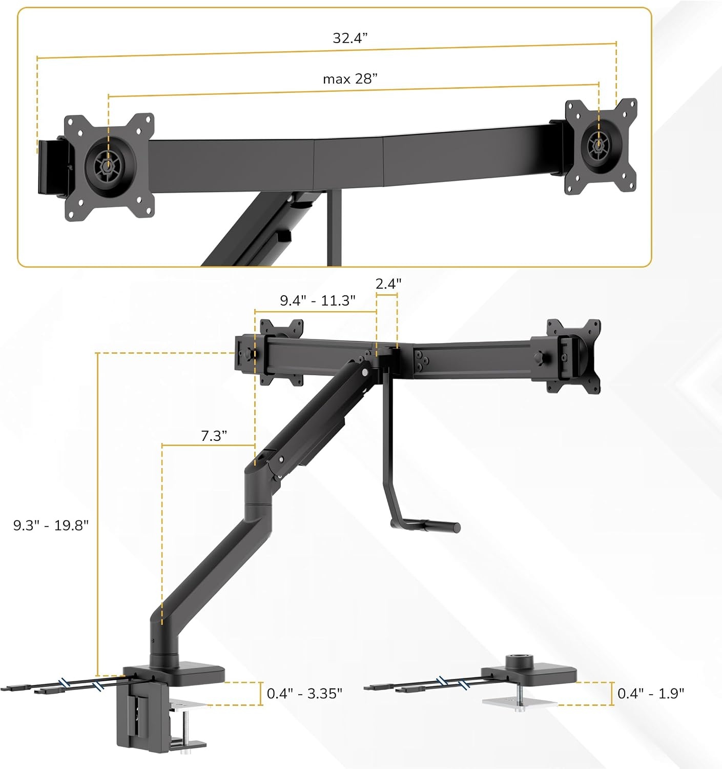 image:imageMountIt Dual Monitor Mount with Crossbar Gas Spring Desk Mount for 2 Monitors 1732 Holds 198 lbs Each Full Motion Tilt Swivel Rotate VESA 75x75 100x100 USB 30 amp USBC Clamp or Grommet
