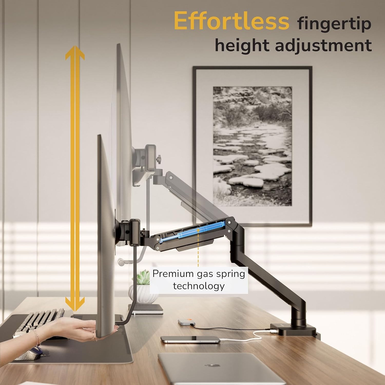image:imageMountIt Dual Monitor Mount with Crossbar Gas Spring Desk Mount for 2 Monitors 1732 Holds 198 lbs Each Full Motion Tilt Swivel Rotate VESA 75x75 100x100 USB 30 amp USBC Clamp or Grommet