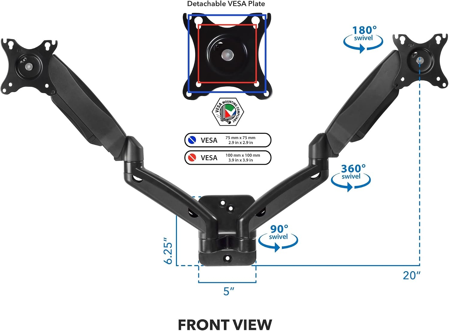 image:imageMountIt Dual Monitor Wall Mount 2 Monitor Wall Brackets Full Motion Adjustable Computer Monitor Wall Mount with Articulating Arms for up to 27 Screens with 75 or 100 VESA Patterns