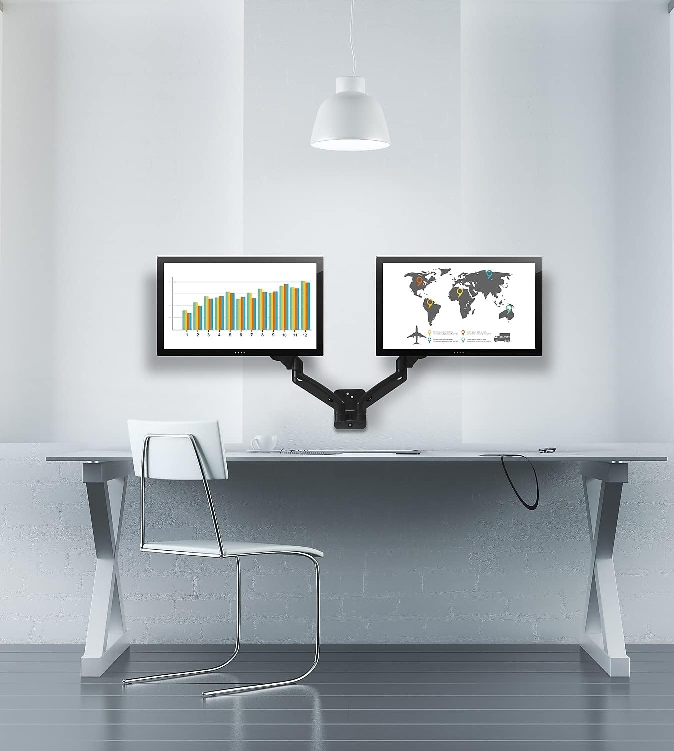image:imageMountIt Dual Monitor Wall Mount 2 Monitor Wall Mount Arms Full Motion Height Adjustable Computer Monitor Wall Mounting Bracket with Two Articulating Arms for up to 27 Screens 75 100 mm VESA