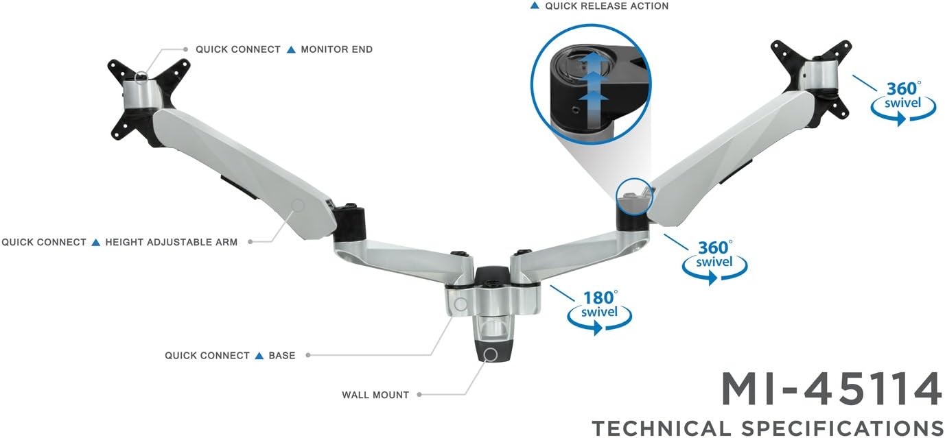 image:imageMountIt Dual Monitor Wall Mount with Articulating GasSpring Arms VESA 75x75 mm and 100x100 mm 198 lb weight capacity Silver MI42114