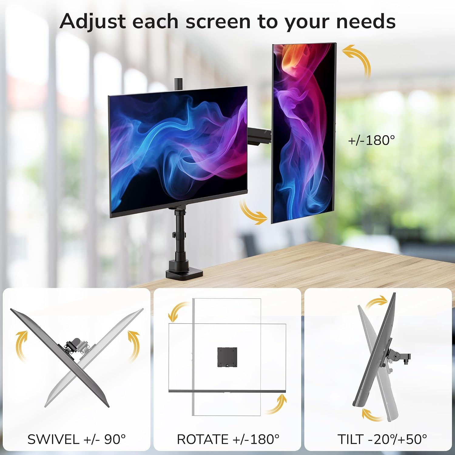 image:imageMountIt Dual Ultrawide Monitor Desk Mount for 1749 Screens HeightAdjustable Stacking Arms with Pole Heavy Duty Gas Spring Full Motion VESA 75100 Clamp or Grommet