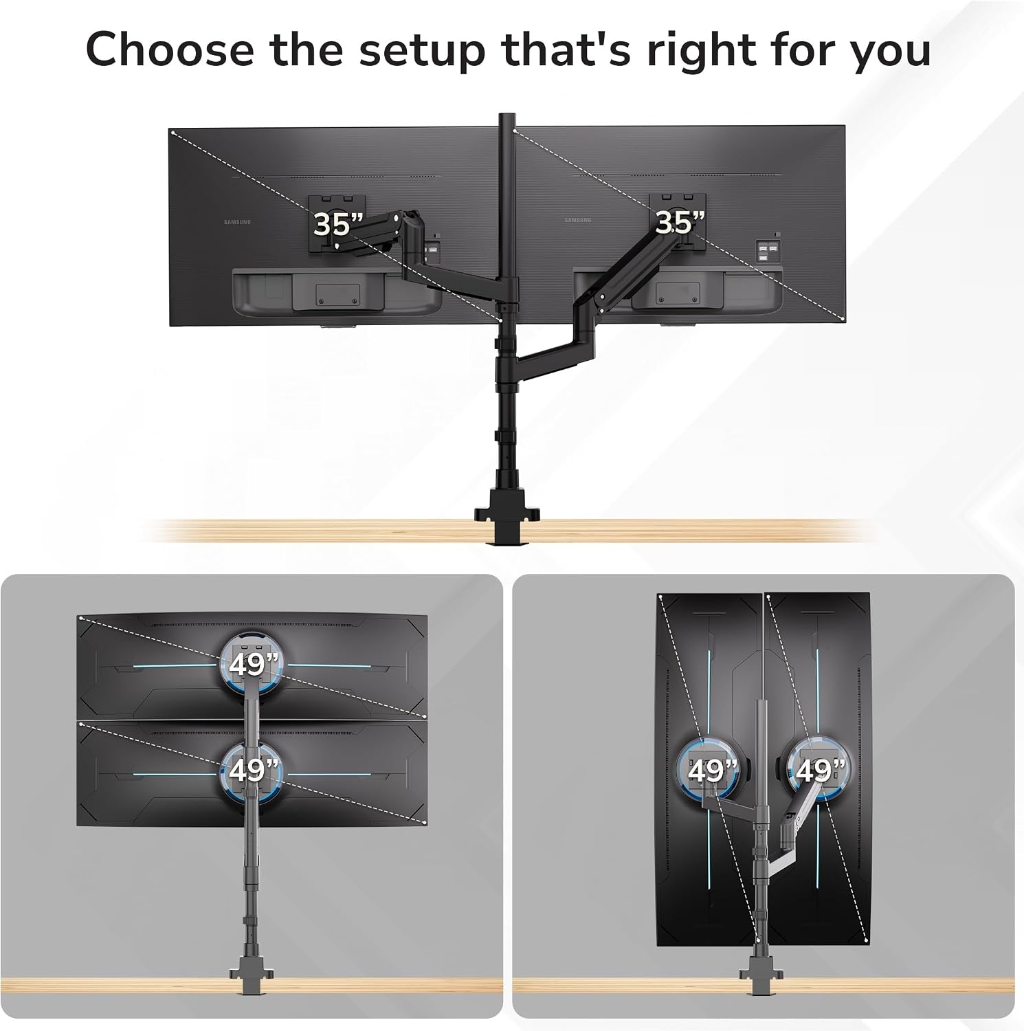 image:imageMountIt Dual Ultrawide Monitor Desk Mount for 1749 Screens HeightAdjustable Stacking Arms with Pole Heavy Duty Gas Spring Full Motion VESA 75100 Clamp or Grommet