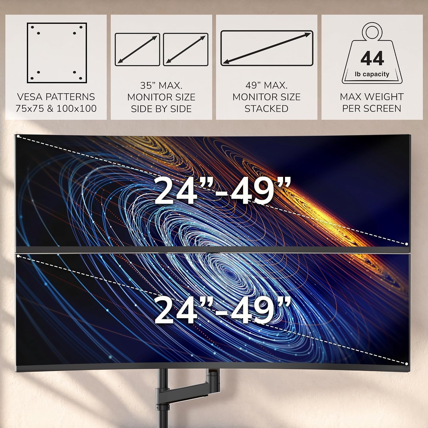 image:imageMountIt Dual Ultrawide Monitor Desk Mount for 1749 Screens HeightAdjustable Stacking Arms with Pole Heavy Duty Gas Spring Full Motion VESA 75100 Clamp or Grommet