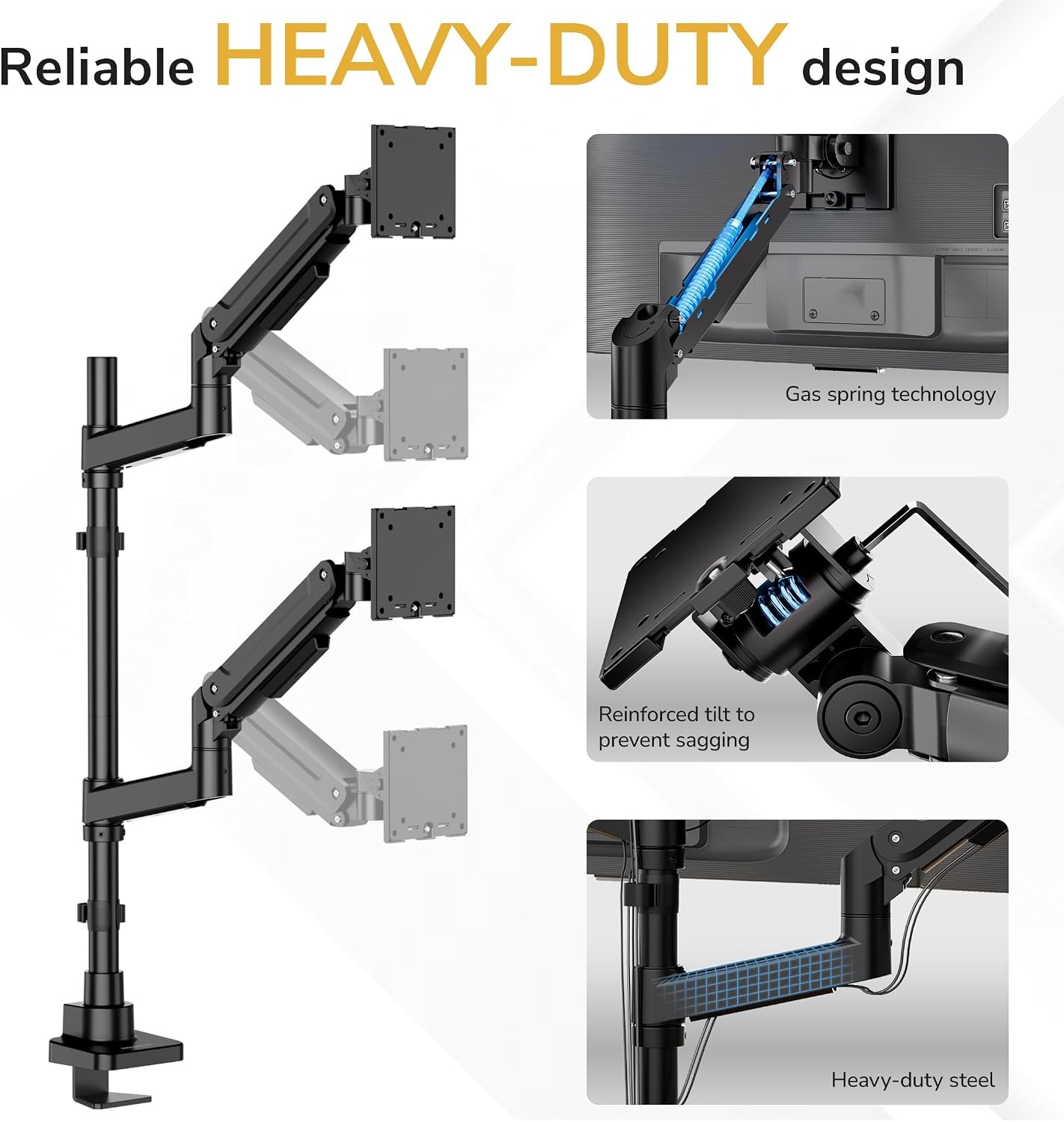 image:imageMountIt Dual Ultrawide Monitor Desk Mount for 1749 Screens HeightAdjustable Stacking Arms with Pole Heavy Duty Gas Spring Full Motion VESA 75100 Clamp or Grommet