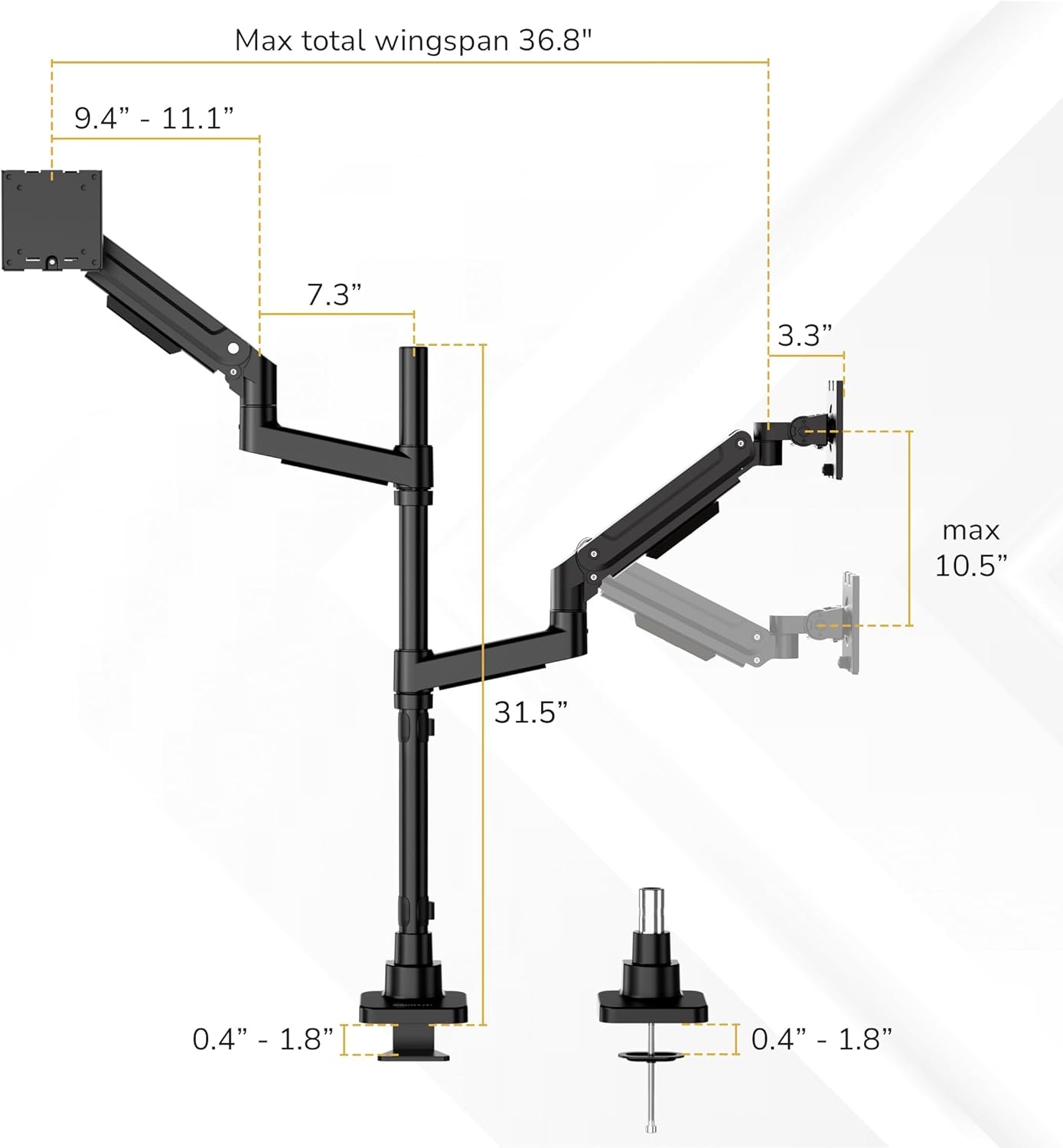 image:imageMountIt Dual Ultrawide Monitor Desk Mount for 1749 Screens HeightAdjustable Stacking Arms with Pole Heavy Duty Gas Spring Full Motion VESA 75100 Clamp or Grommet