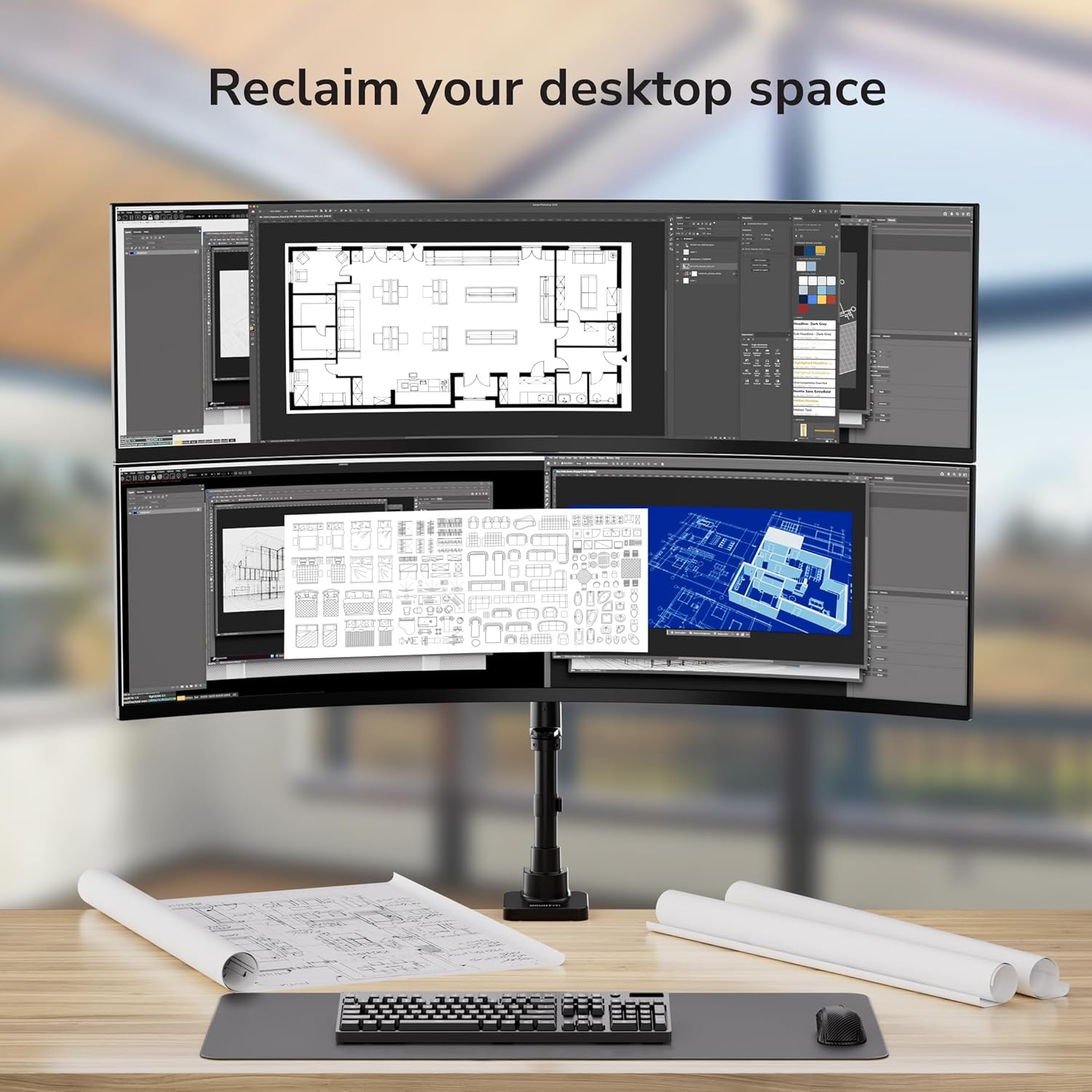 image:imageMountIt Dual Ultrawide Monitor Desk Mount for 1749 Screens HeightAdjustable Stacking Arms with Pole Heavy Duty Gas Spring Full Motion VESA 75100 Clamp or Grommet
