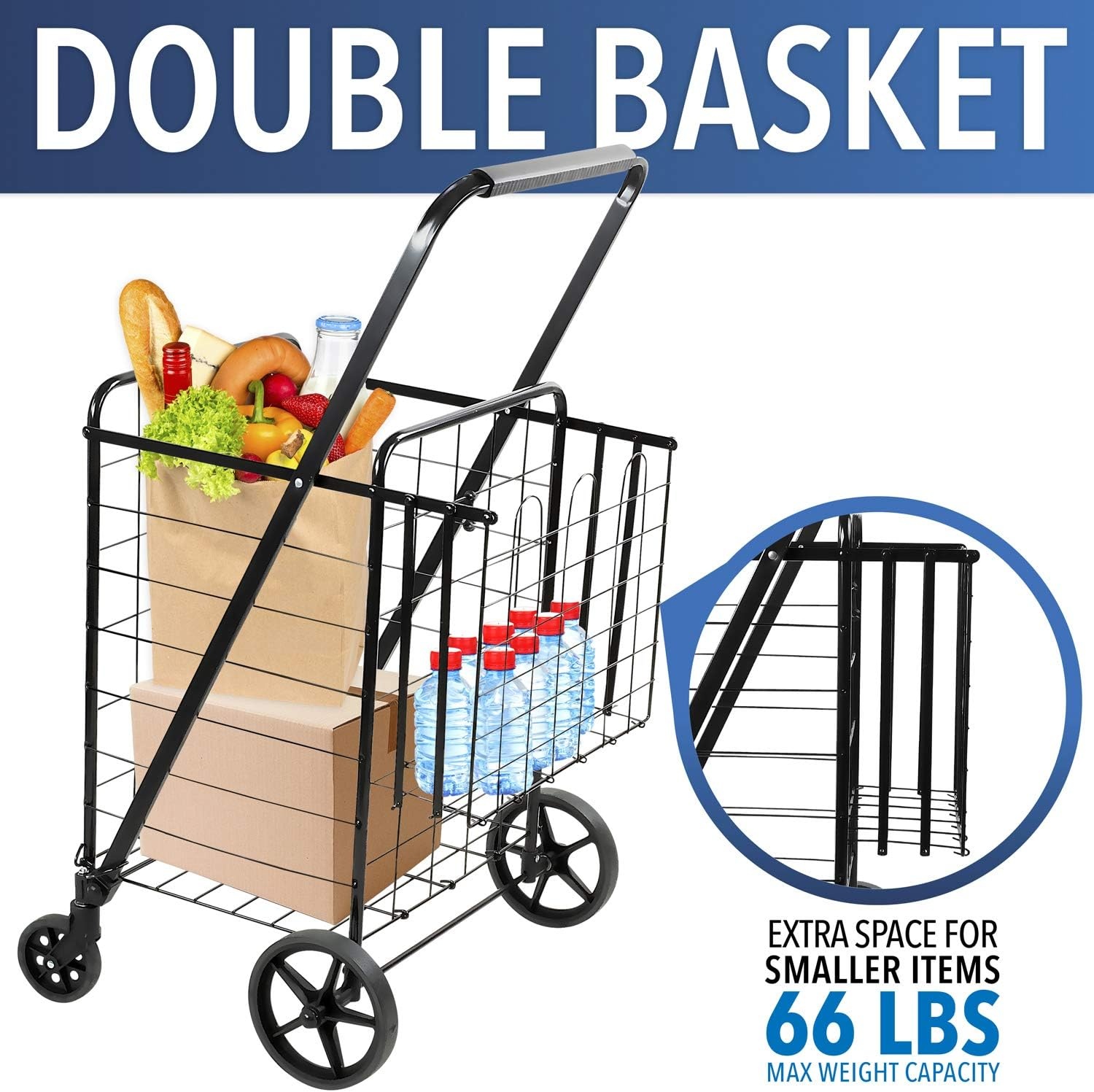 image:imageMountIt Foldable Shopping Cart with 360 Swivel Wheels Portable Grocery Cart on Wheels with Extended Foam Handle Heavy Duty Folding Dolly for Groceries Laundry and More Supports up to 66 lbsLarge