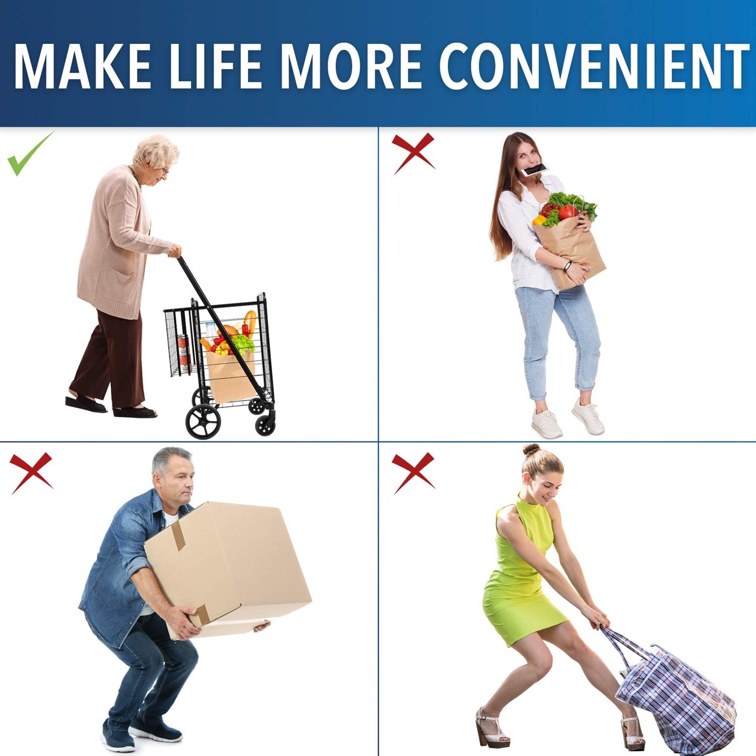 image:imageMountIt Foldable Shopping Cart with 360 Swivel Wheels Portable Grocery Cart on Wheels with Extended Foam Handle Heavy Duty Folding Dolly for Groceries Laundry and More Supports up to 66 lbsLarge