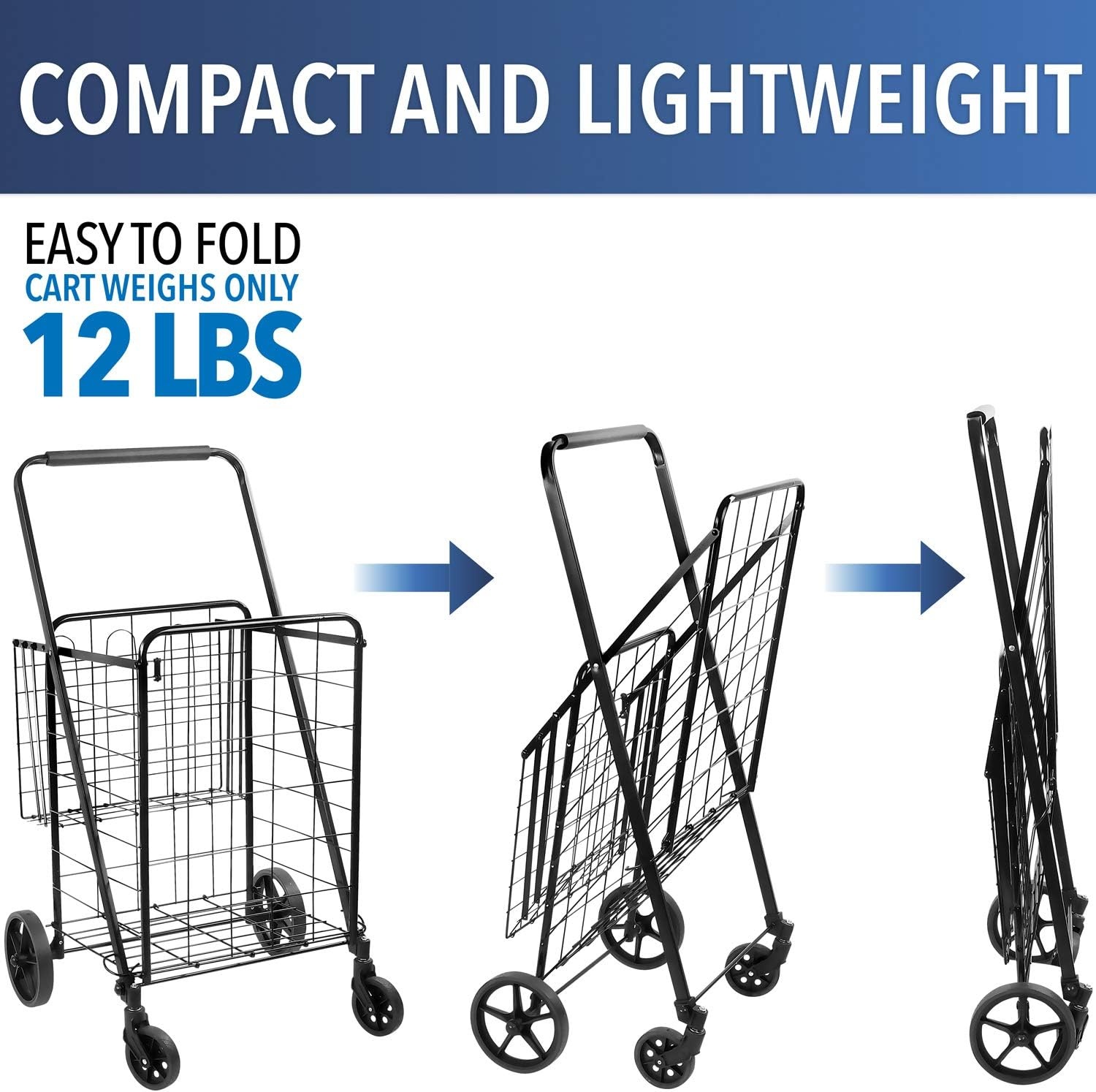 image:imageMountIt Foldable Shopping Cart with 360 Swivel Wheels Portable Grocery Cart on Wheels with Extended Foam Handle Heavy Duty Folding Dolly for Groceries Laundry and More Supports up to 66 lbsLarge