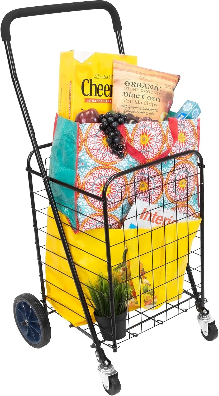 image:imageMountIt Foldable Shopping Cart with 360 Swivel Wheels Portable Grocery Cart on Wheels with Extended Foam Handle Heavy Duty Folding Dolly for Groceries Laundry and More Supports up to 66 lbsSmall