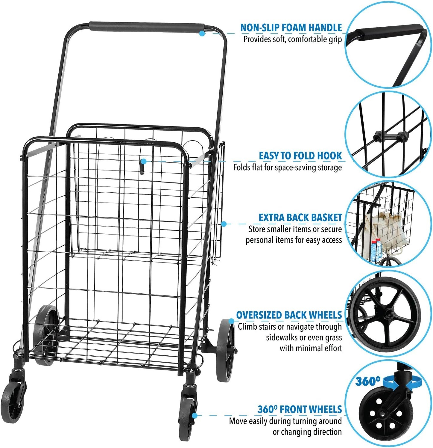 image:imageMountIt Foldable Shopping Cart with 360 Swivel Wheels Portable Grocery Cart on Wheels with Extended Foam Handle Heavy Duty Folding Dolly for Groceries Laundry and More Supports up to 66 lbsLarge