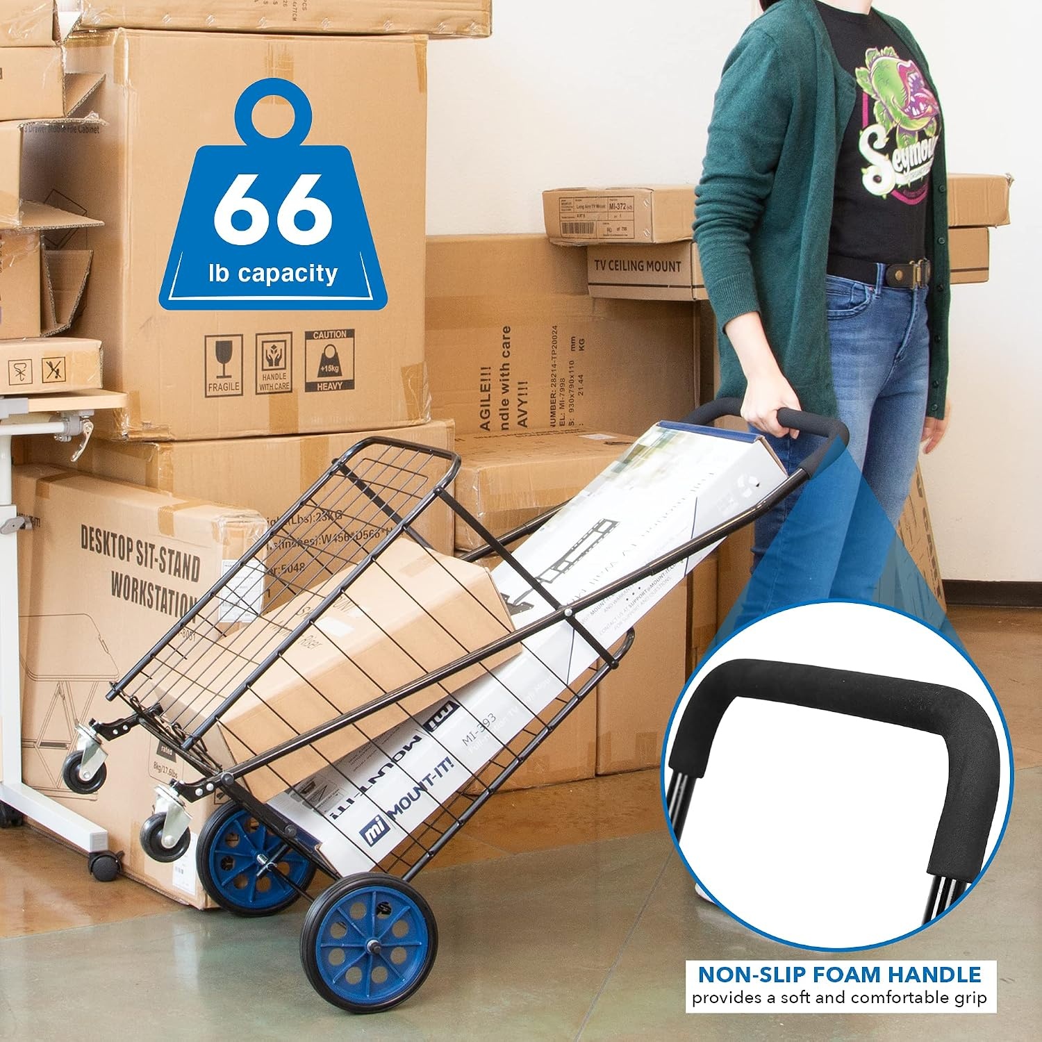 image:imageMountIt Foldable Shopping Cart with 360 Swivel Wheels Portable Grocery Cart on Wheels with Extended Foam Handle Heavy Duty Folding Dolly for Groceries Laundry and More Supports up to 66 lbsSmall