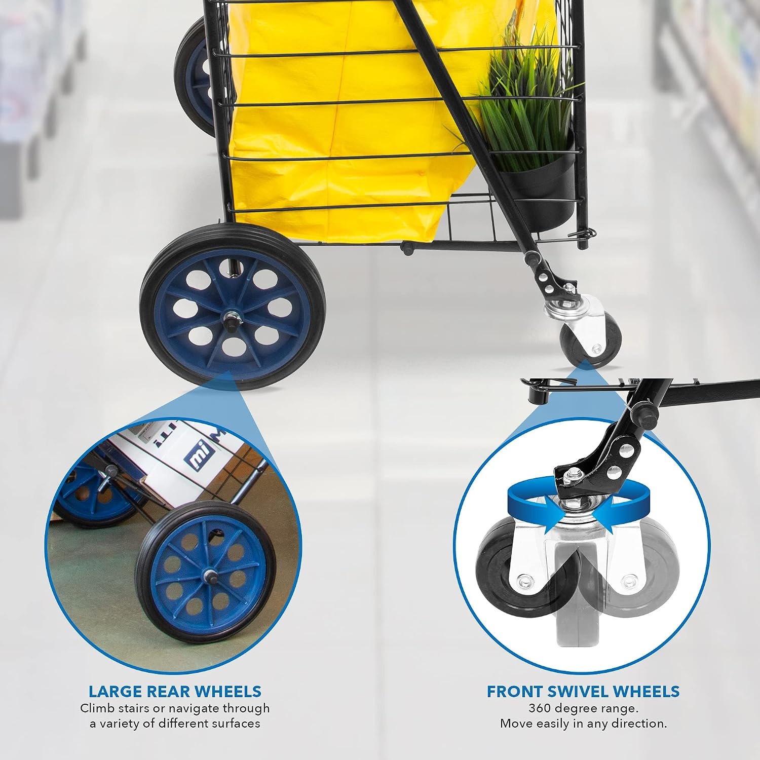 image:imageMountIt Foldable Shopping Cart with 360 Swivel Wheels Portable Grocery Cart on Wheels with Extended Foam Handle Heavy Duty Folding Dolly for Groceries Laundry and More Supports up to 66 lbsSmall
