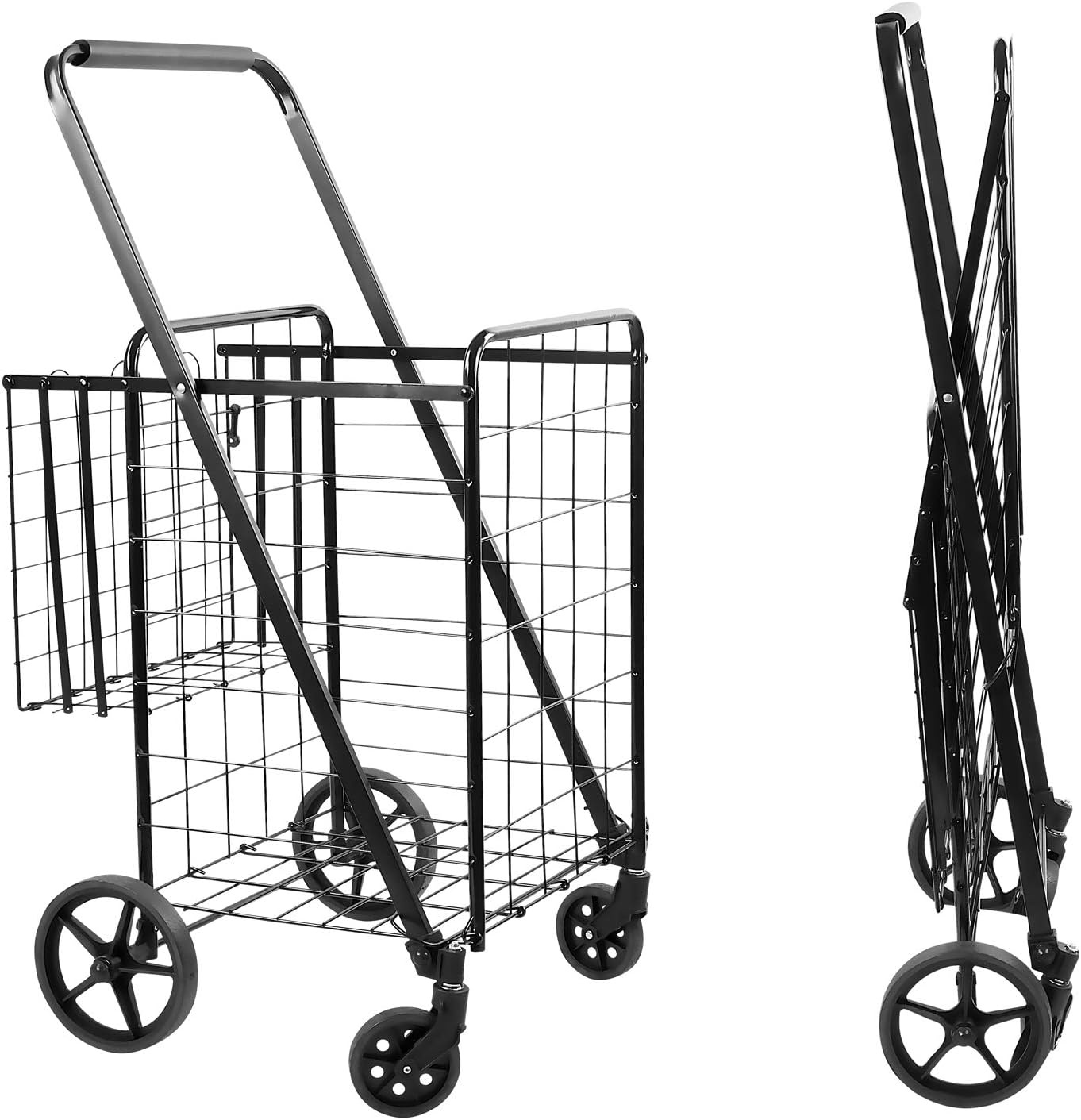 image:imageMountIt Foldable Shopping Cart with 360 Swivel Wheels Portable Grocery Cart on Wheels with Extended Foam Handle Heavy Duty Folding Dolly for Groceries Laundry and More Supports up to 66 lbsLarge